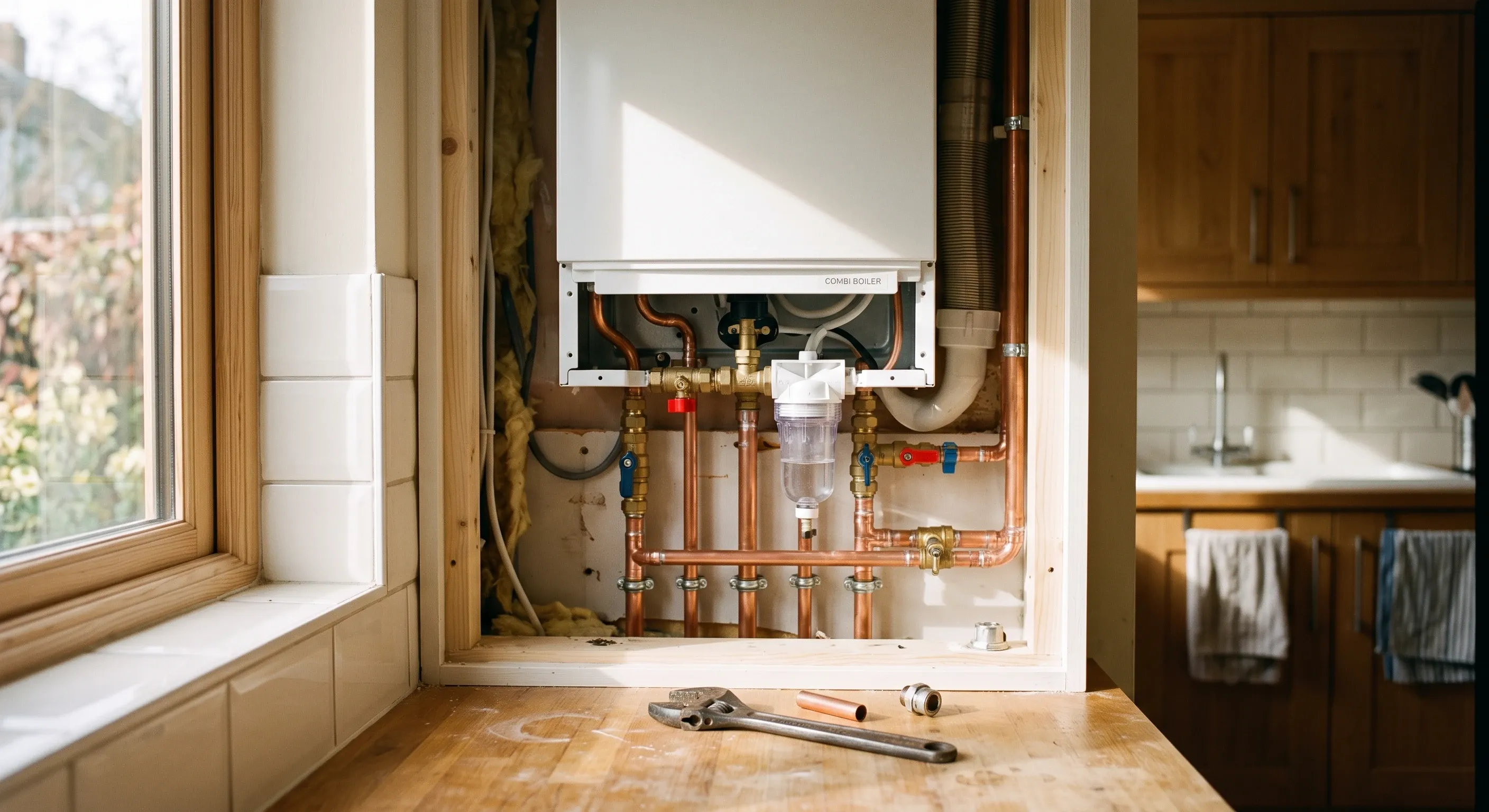 A newly installed wall-hung combi boiler with its copper tails and isolation valves exposed below the casing.