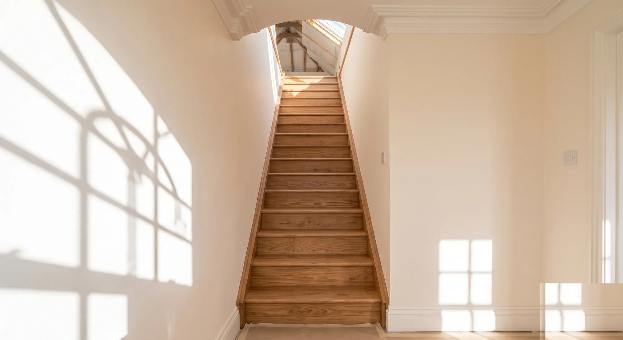 A new oak staircase rising through a ceiling opening into a loft.