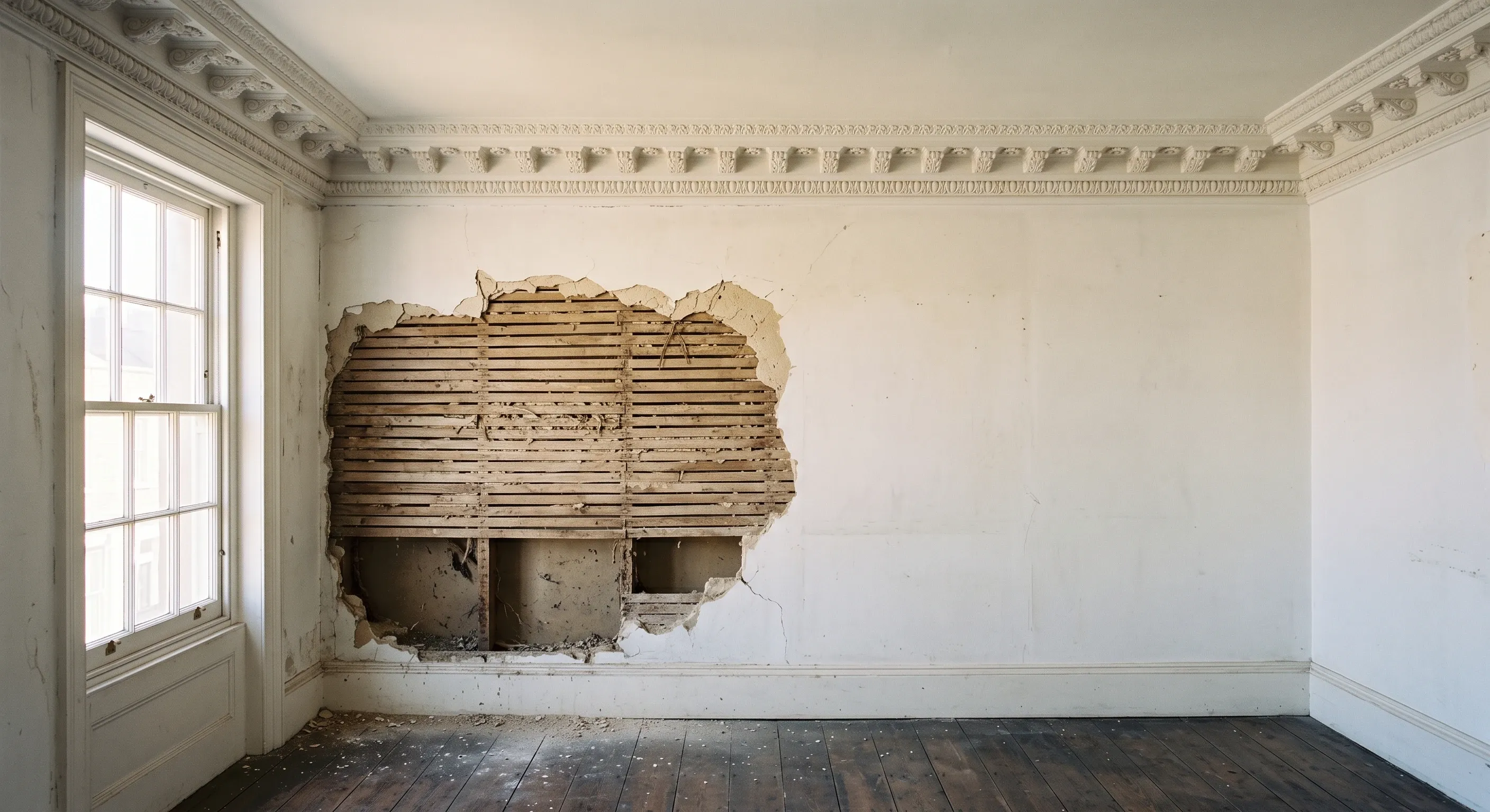 An original moulded cornice running beside a section of wall where the plaster has been cut back to the lath.