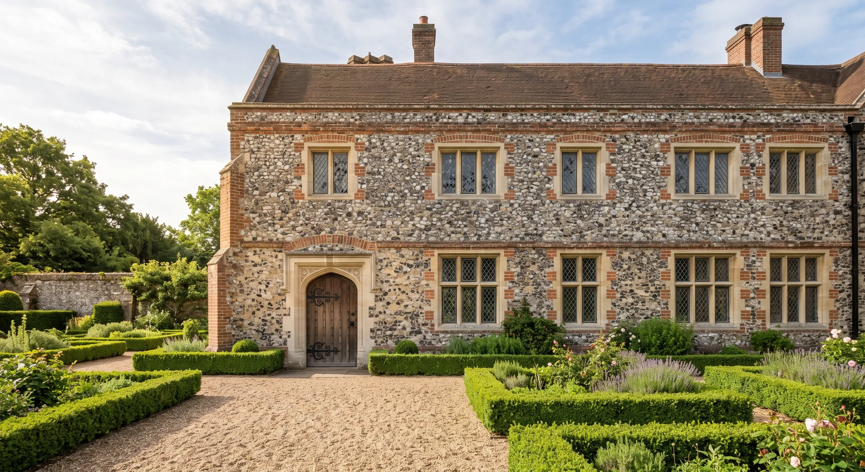 A medieval flint and brick building beside formal gardens.