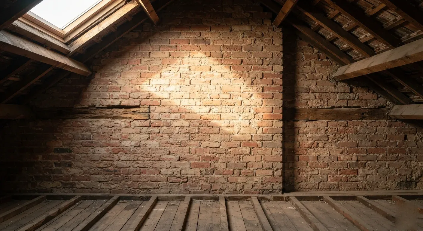The bare brick party wall in the roof space of a Victorian terraced house, lit by a rooflight