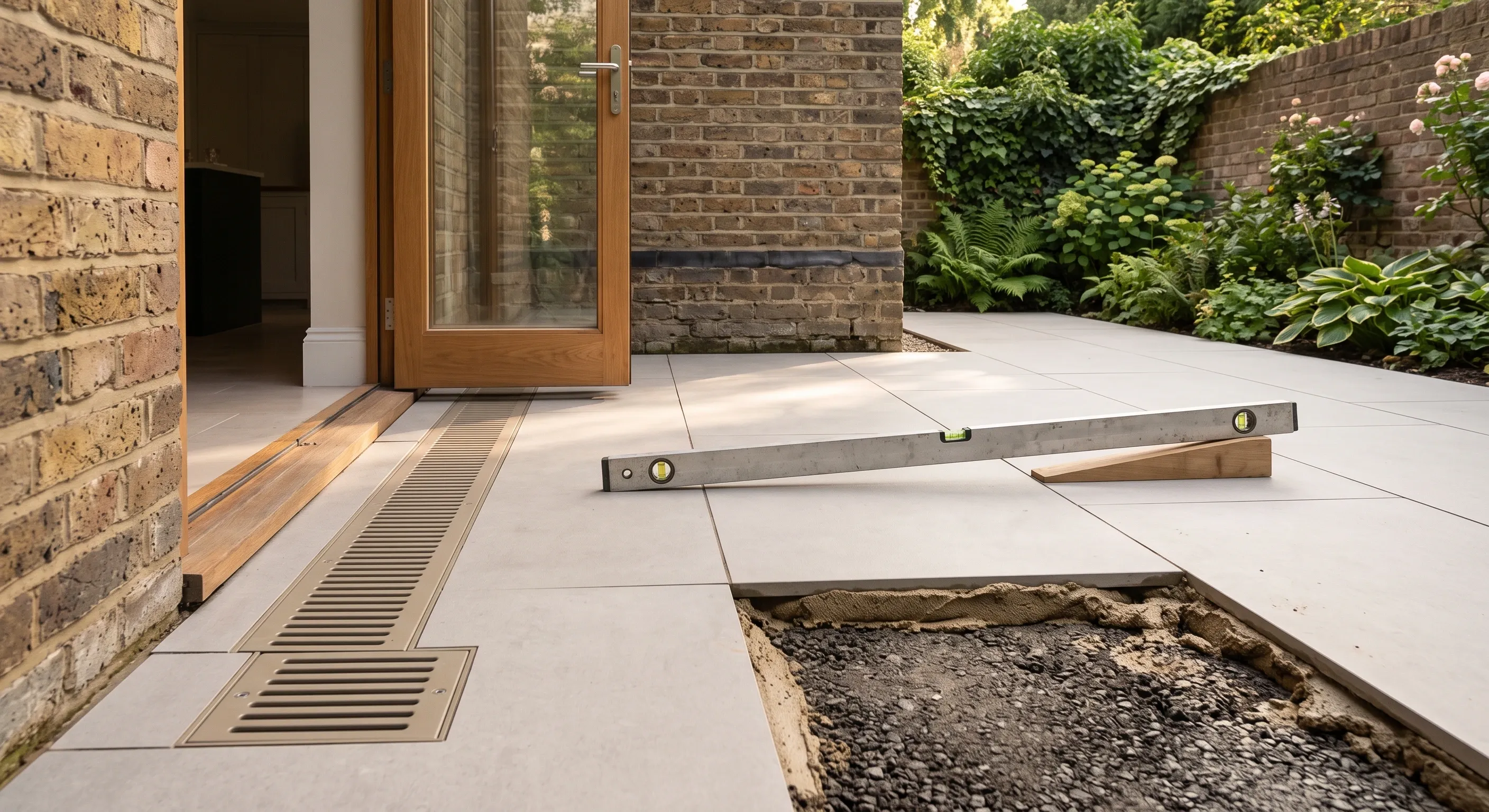 New paving set to fall away from a rear threshold with a linear drainage channel across the doorway and a spirit level laid over the slabs.