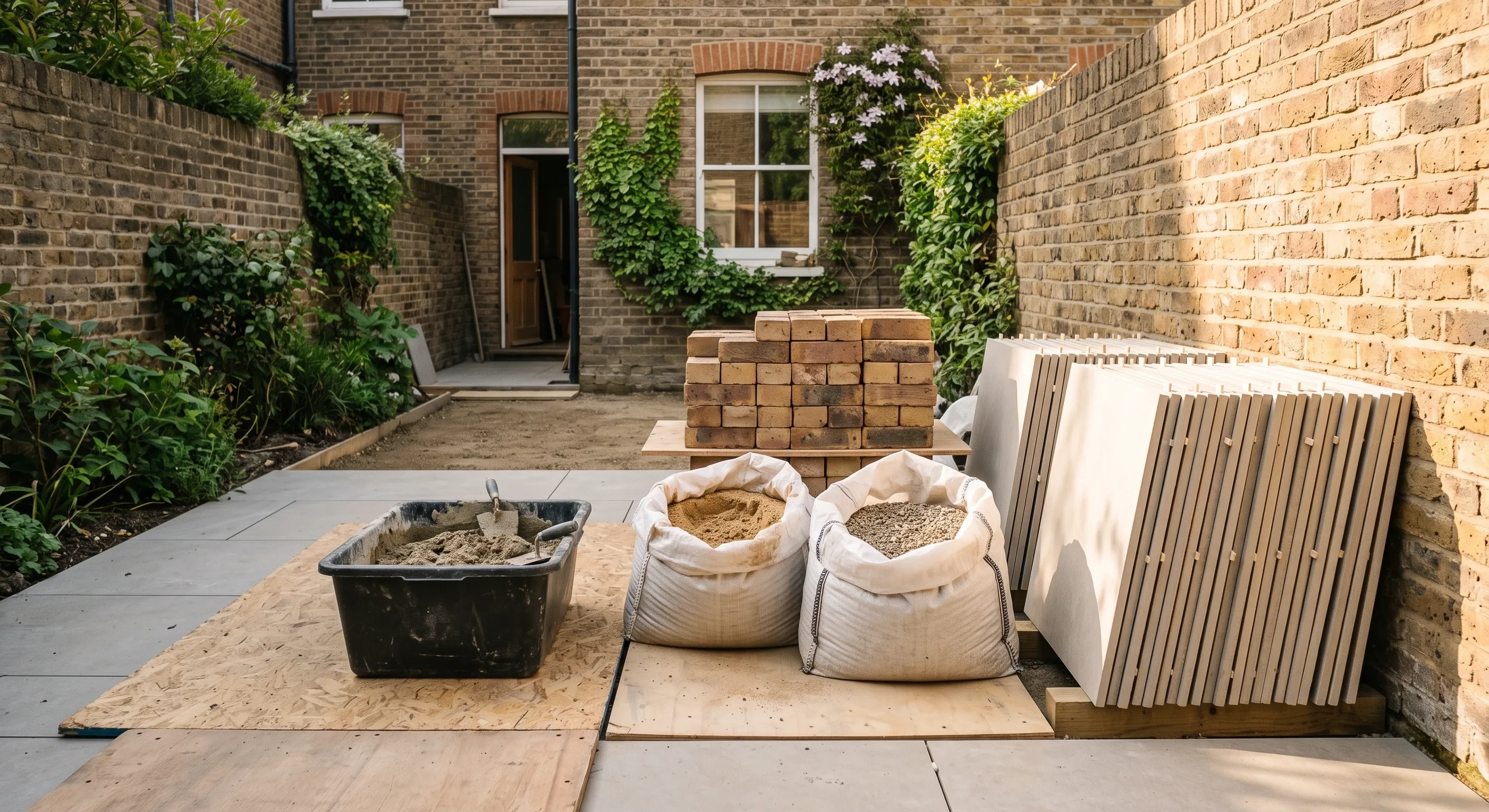 Porcelain slabs stacked on bearers beside open bulk bags of sand and sub-base in a narrow walled garden mid-build.