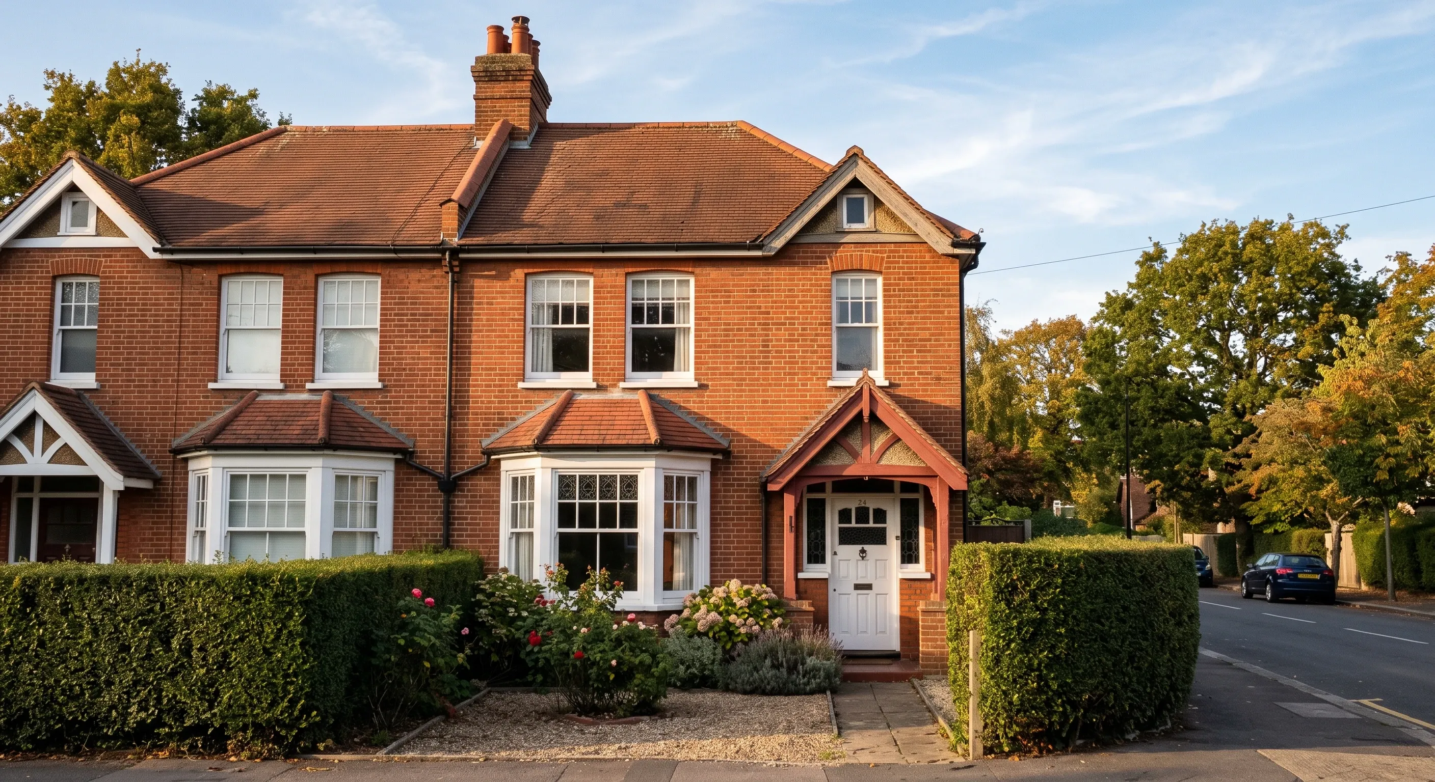 A red brick suburban semi-detached house with a gabled porch and bay window.
