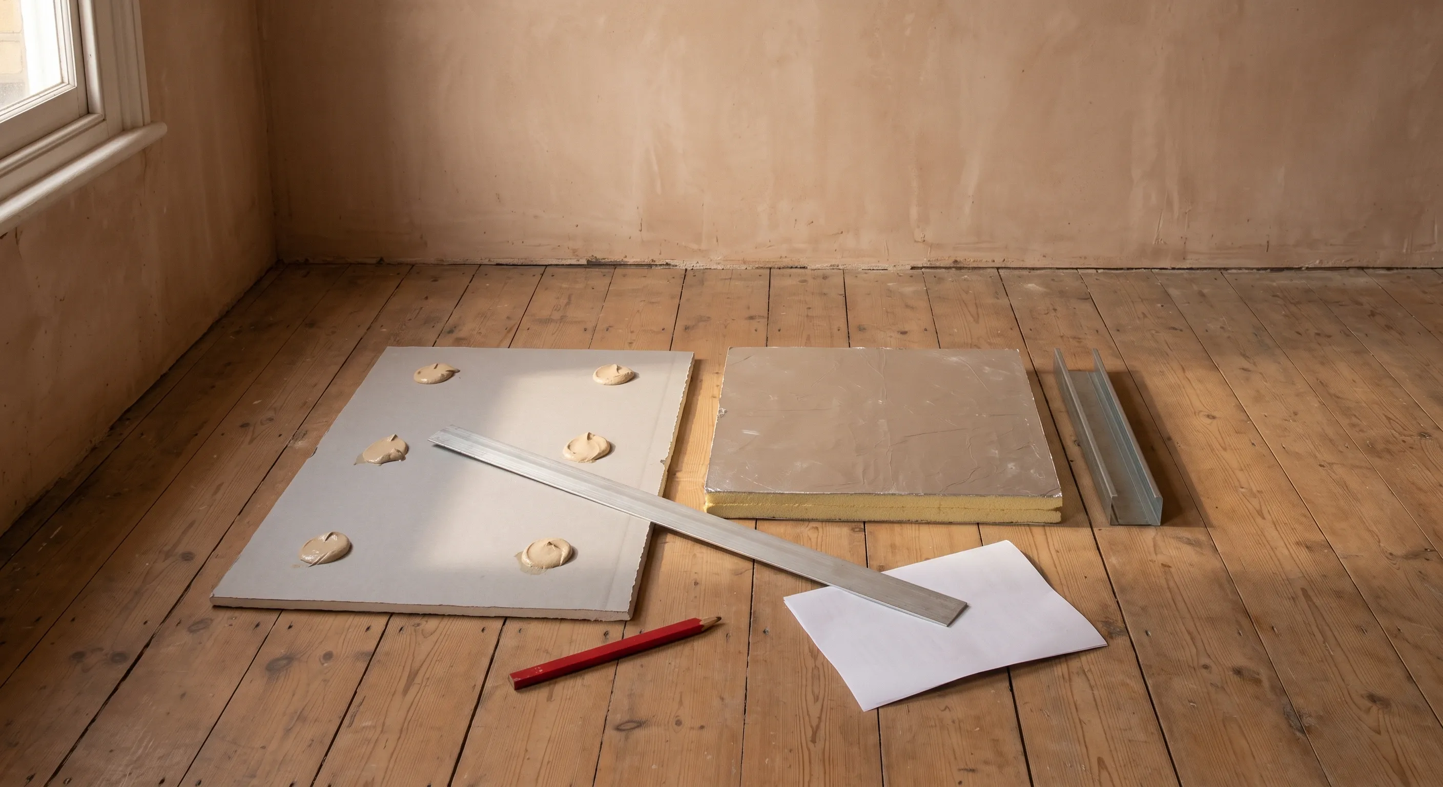 A plasterboard offcut showing adhesive dabs sits with an insulated board sample, furring channel, pencil and straight edge on a swept timber floor.