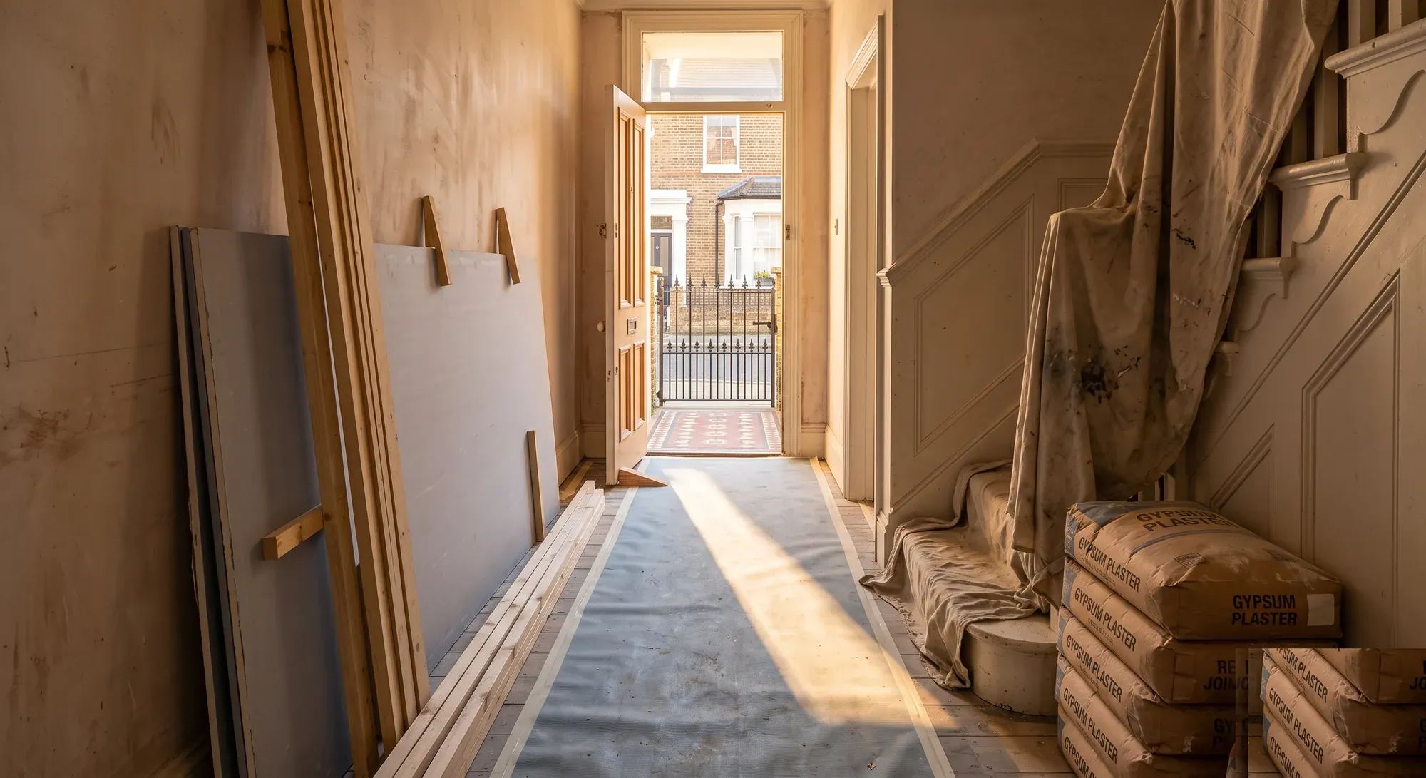 Plasterboard sheets and bags of plaster in a terrace hallway with the front door open to the street.
