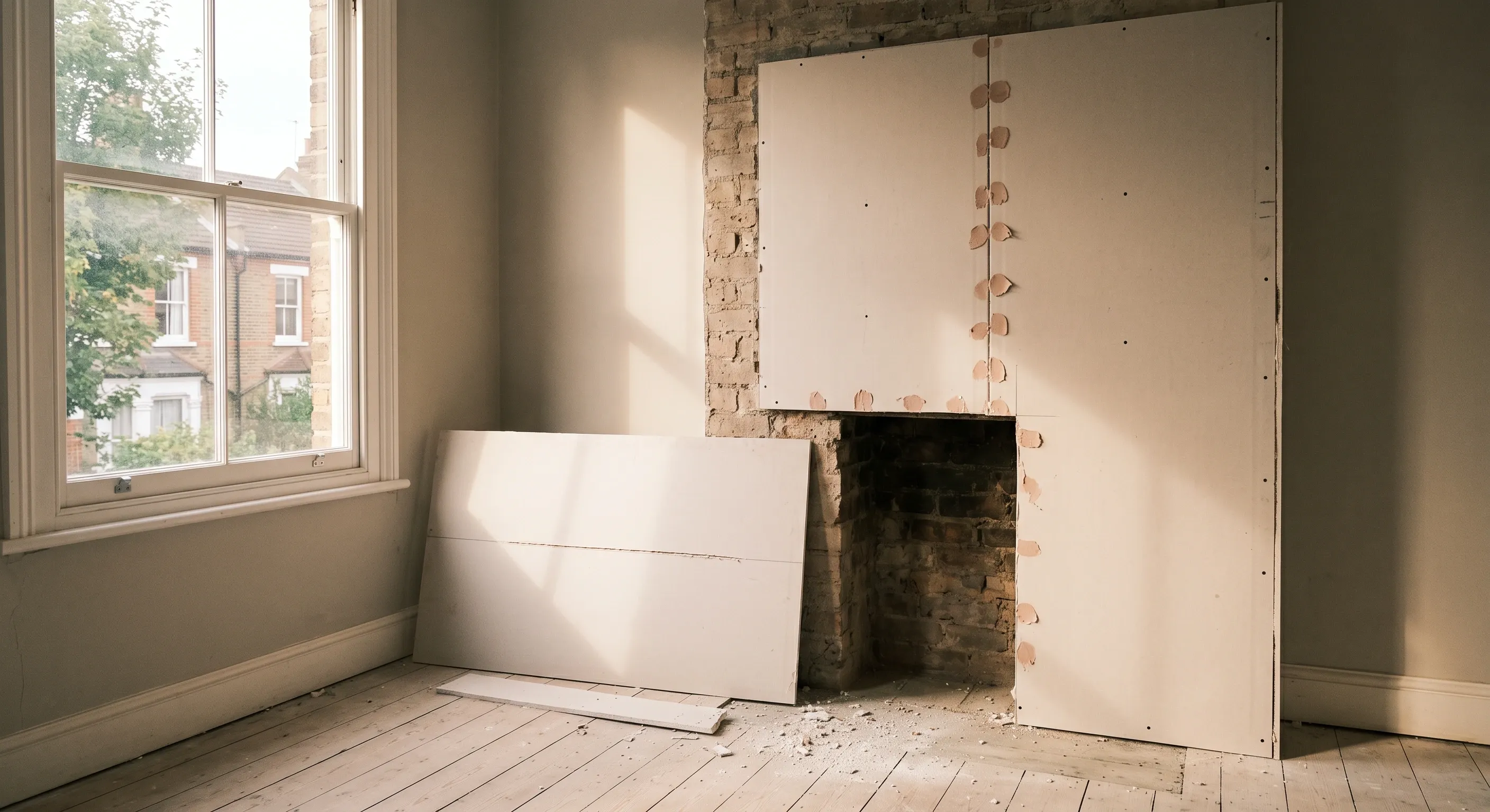 Plasterboard sheets being cut and fixed into a chimney breast alcove in a stripped period room, with gypsum dust on bare floorboards.