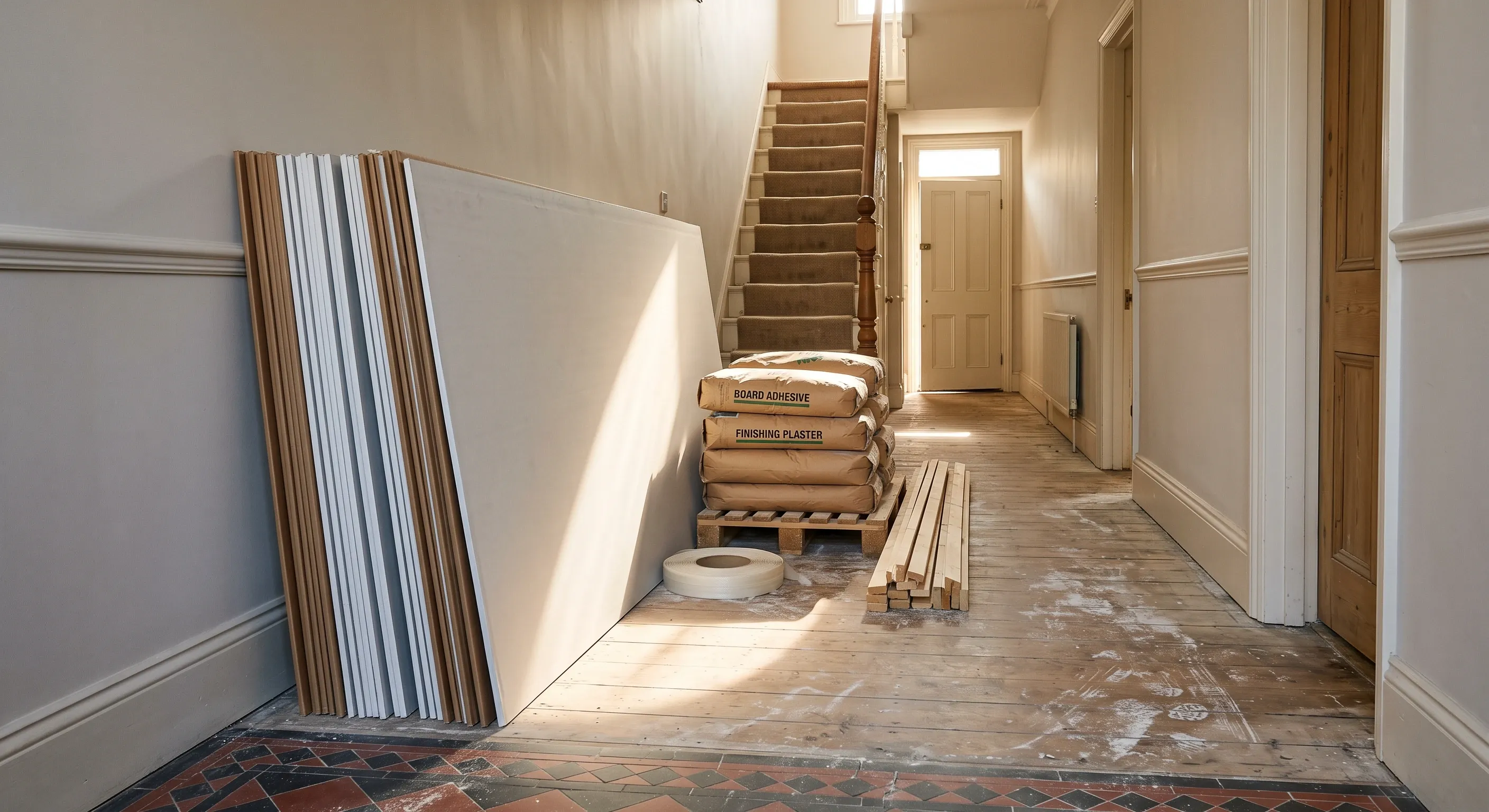 Plasterboard sheets and bagged adhesive stacked in the hallway of a stripped terraced house with sunlight coming through the open front door.