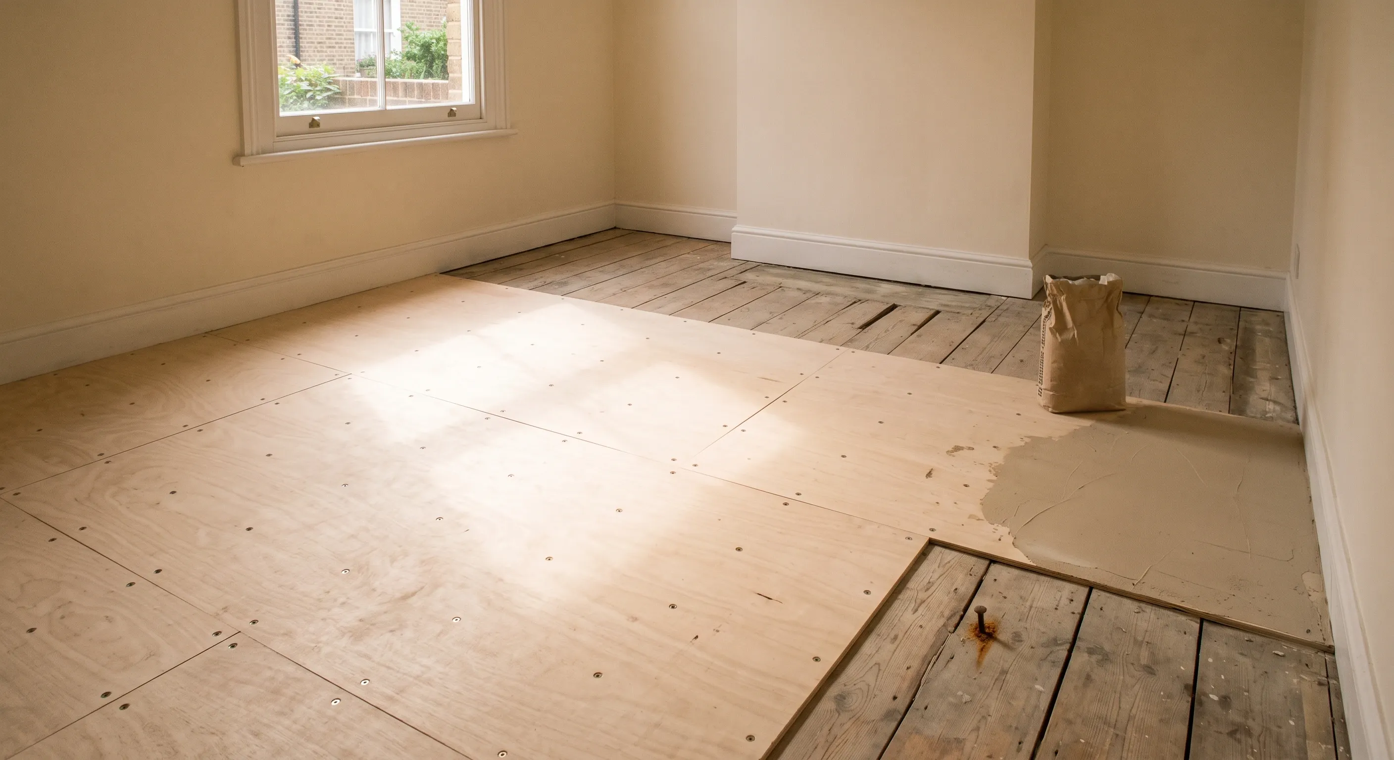 Plywood overlay screwed down in a grid over old cupped floorboards, with a feathered patch of smoothing compound at the joint between levels.