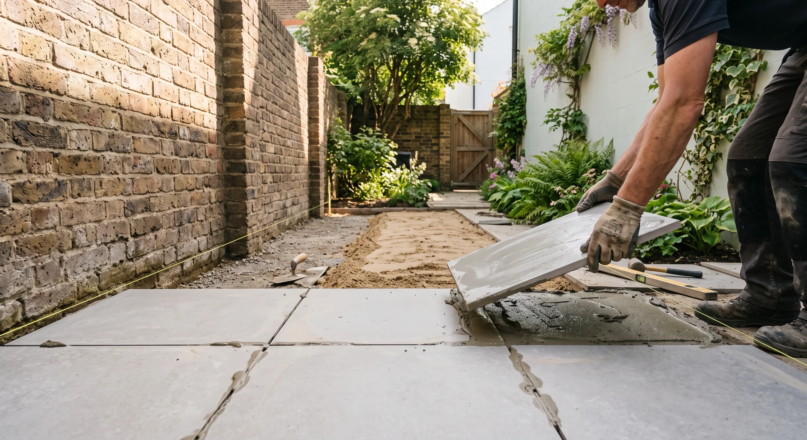Porcelain slabs being laid to a string line on a mortar bed in a narrow walled London garden with brick boundary walls behind.