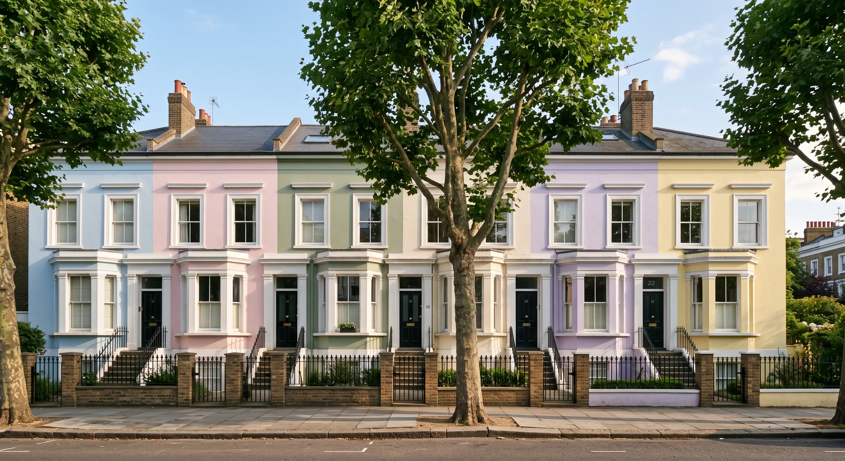 A row of pastel-painted Victorian terraced houses with white bay windows.