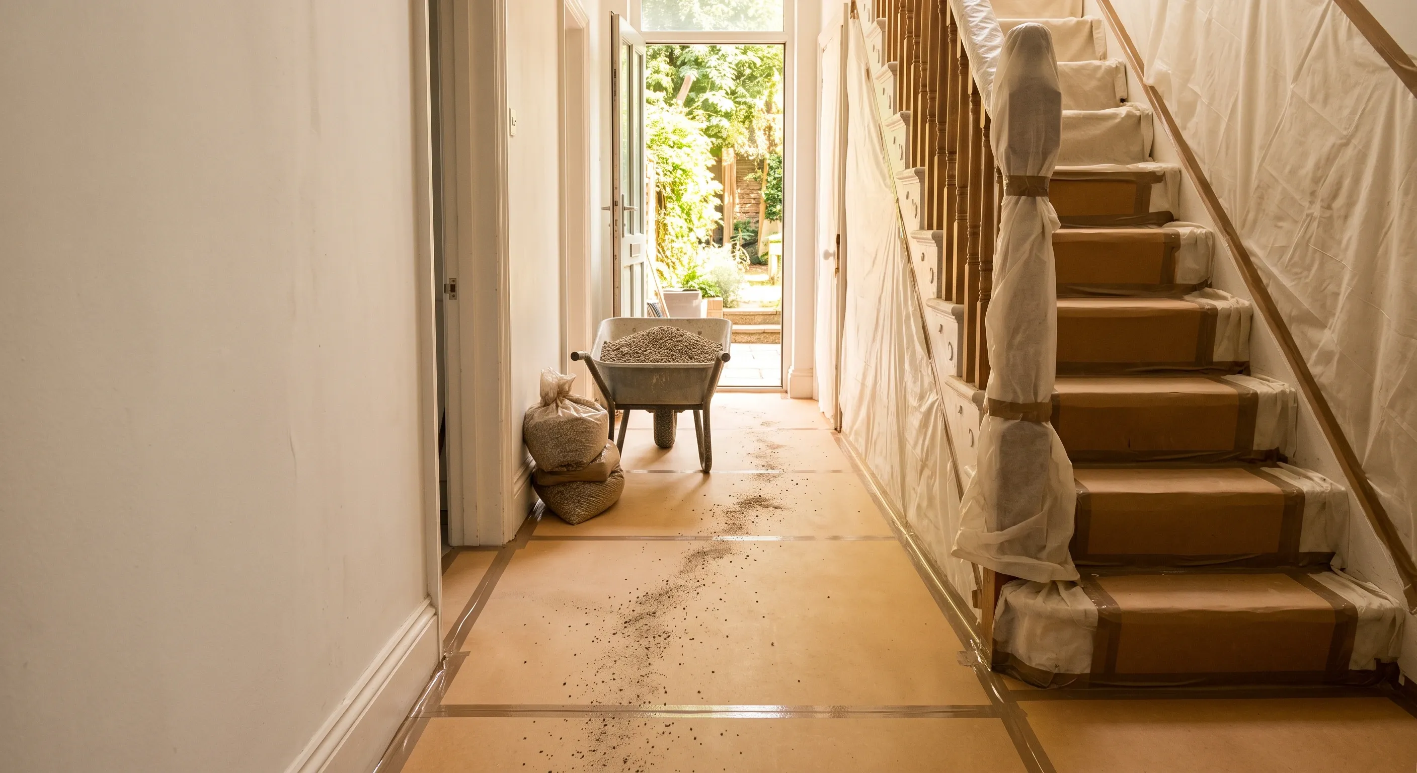 A terrace hallway floored with taped hardboard and sheeted walls, with a half-loaded wheelbarrow and bagged aggregate part way along the route to the garden.