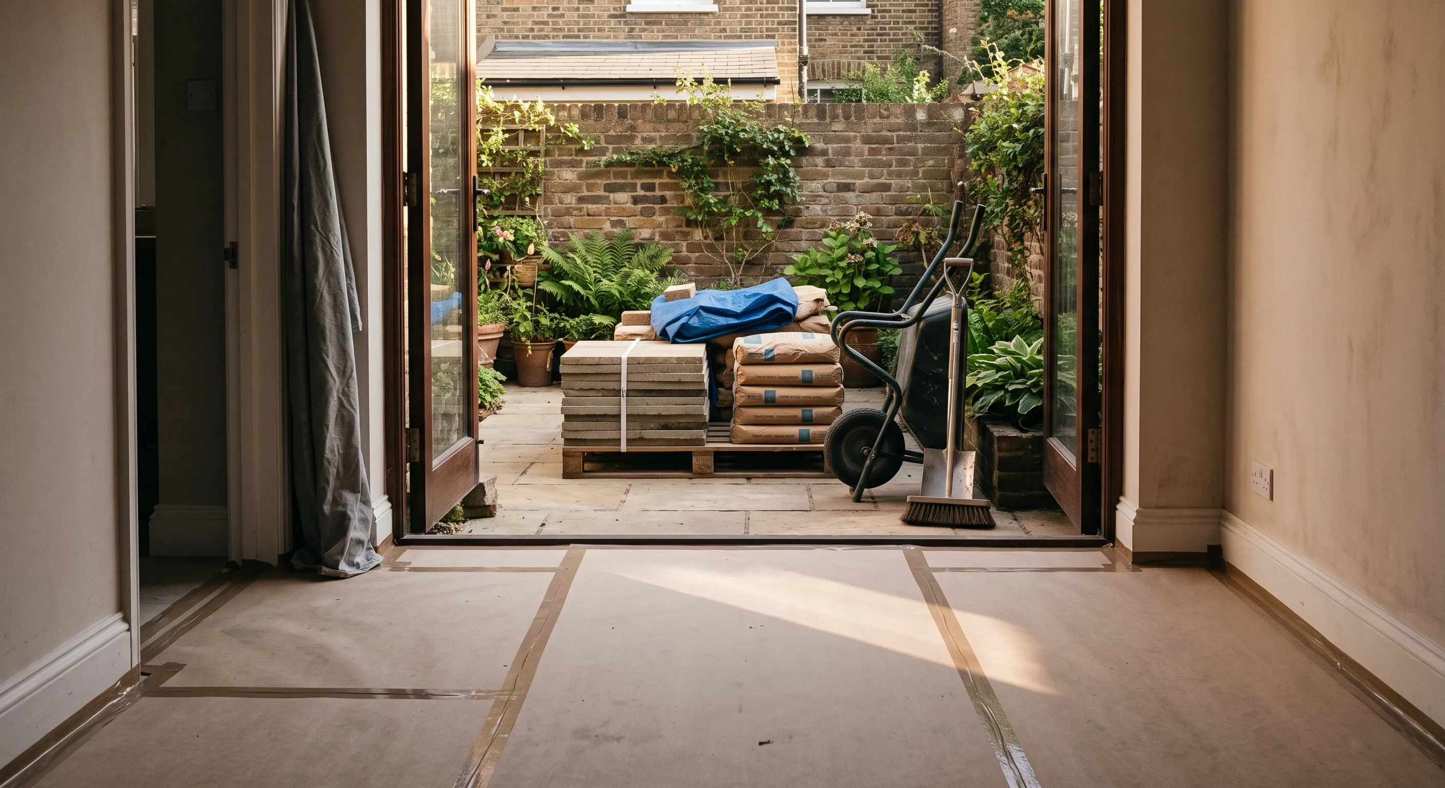 Floor protection taped through a hallway to open garden doors with paving, sand and tools stacked squarely in the narrow garden beyond.