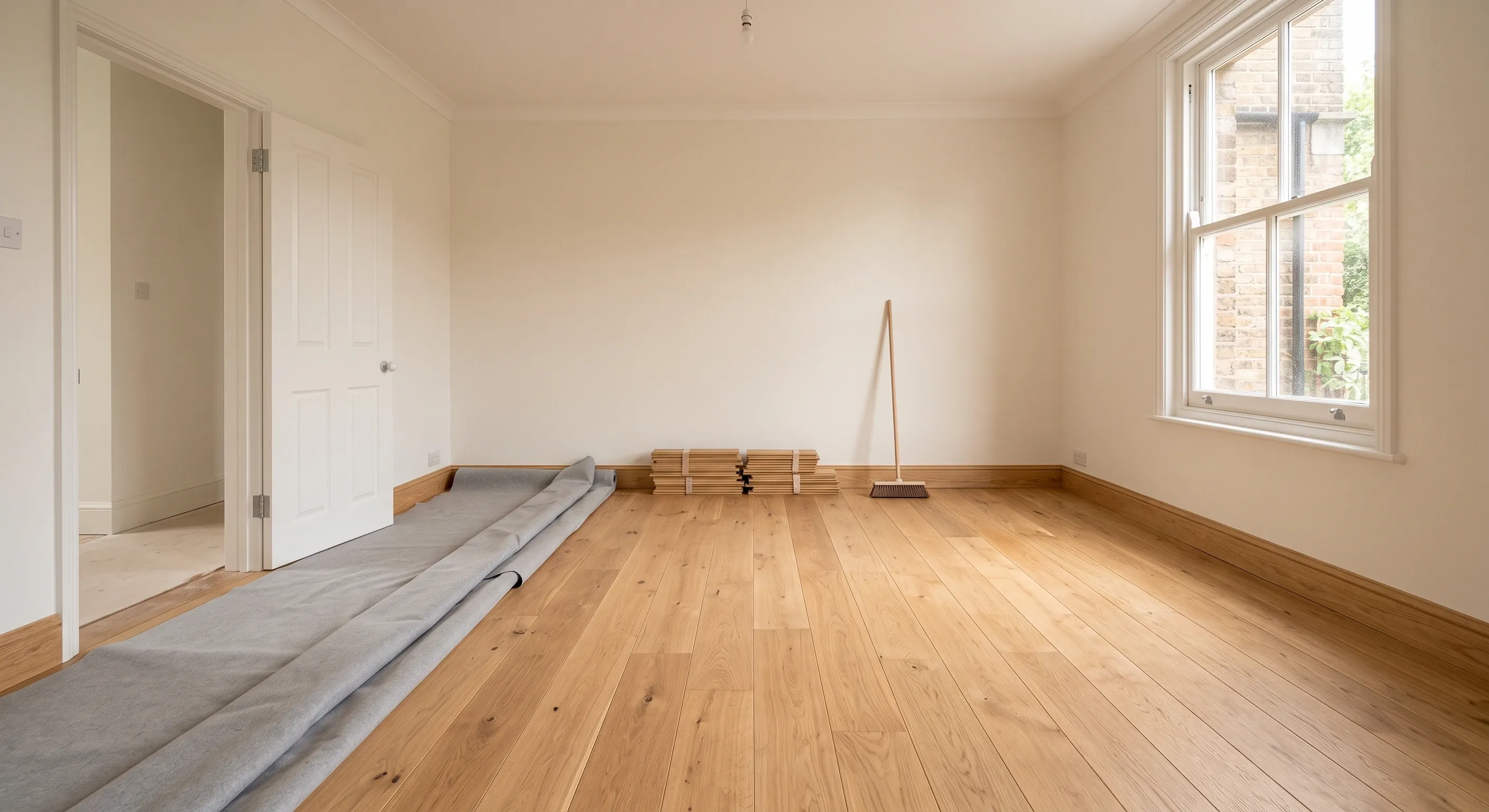Floor protection being rolled back off a newly laid engineered oak floor in an empty period reception room, offcuts stacked neatly to one side.