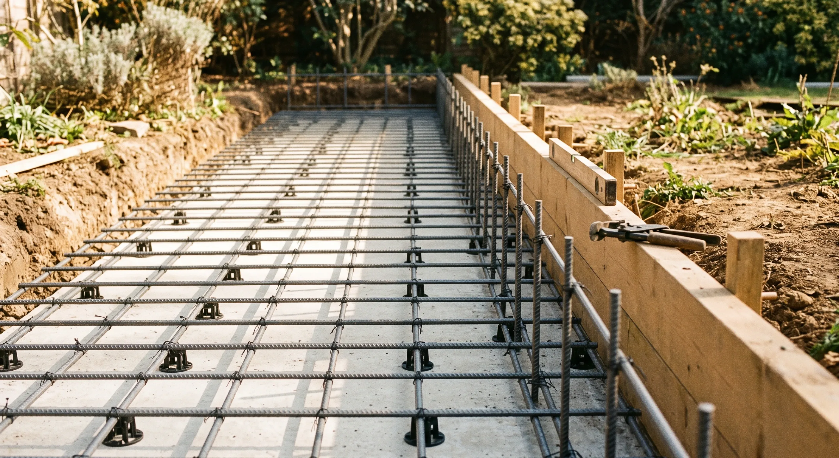 A tied mat of reinforcing bars on spacers in a formed trench, with vertical starter bars set at regular centres along the wall line.