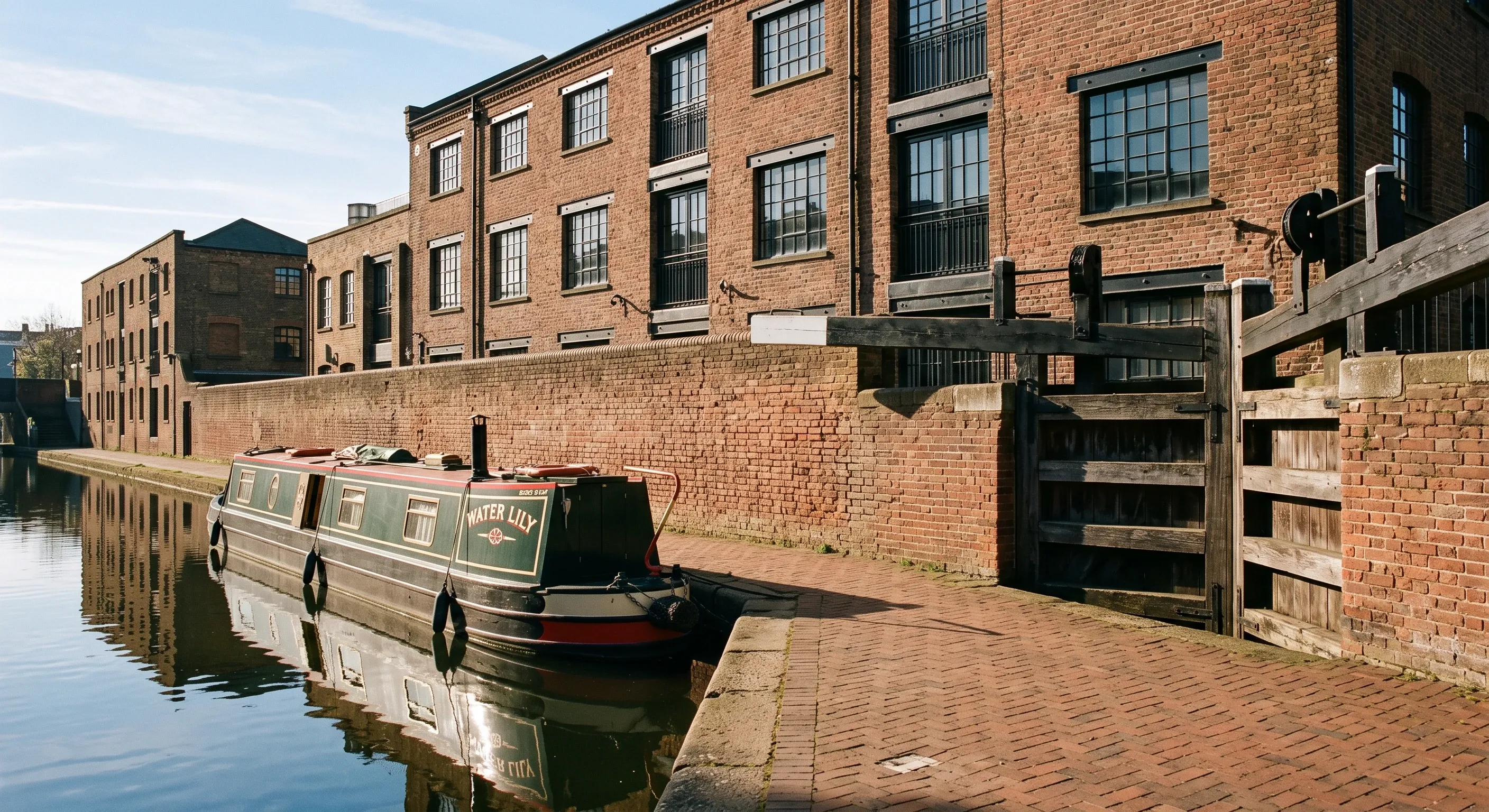 A canal towpath beside painted lock gates with warehouse buildings behind.