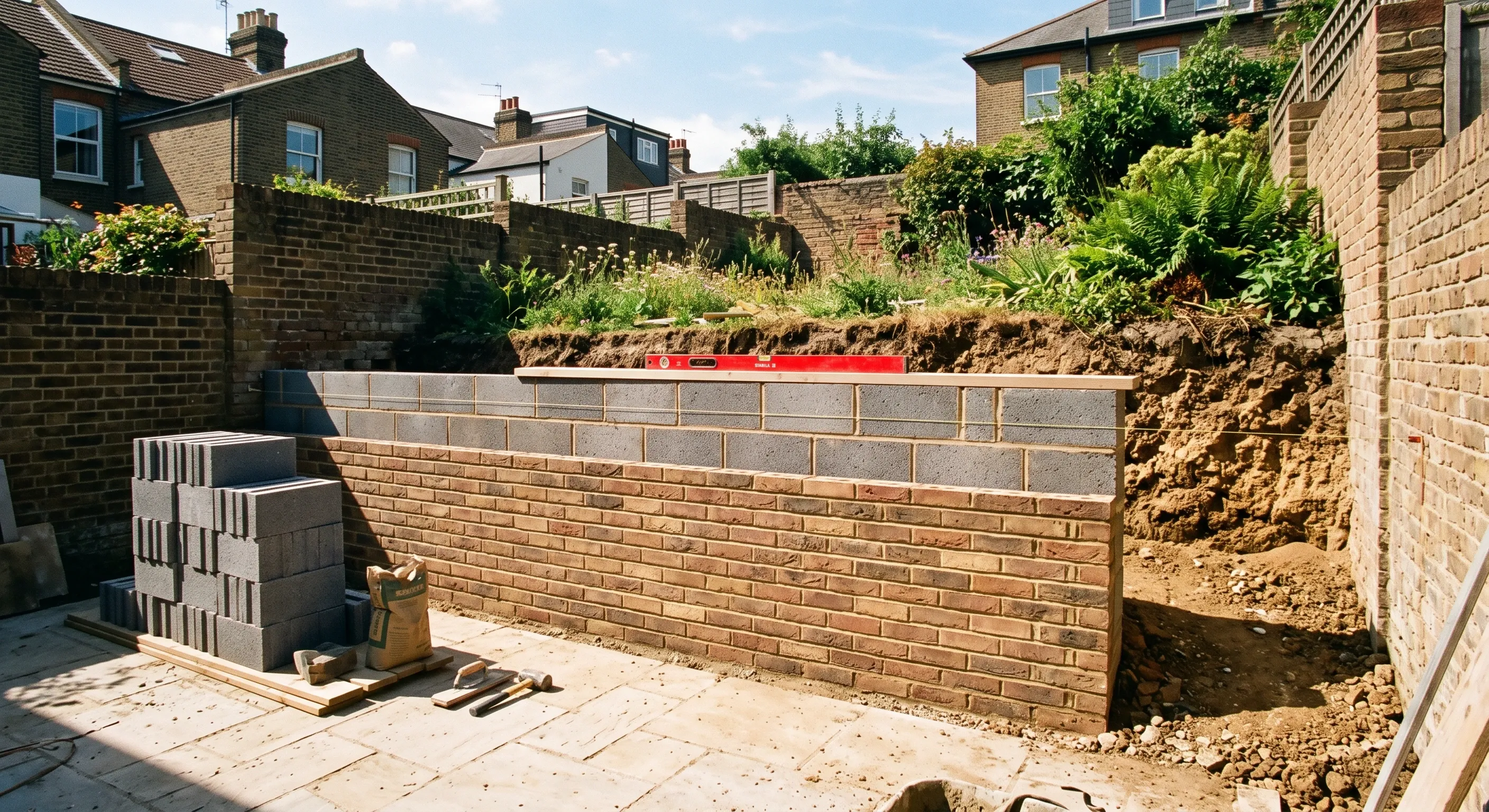 A retaining wall part way through construction in a stepped garden, with blockwork behind and a brick facing skin rising in front.