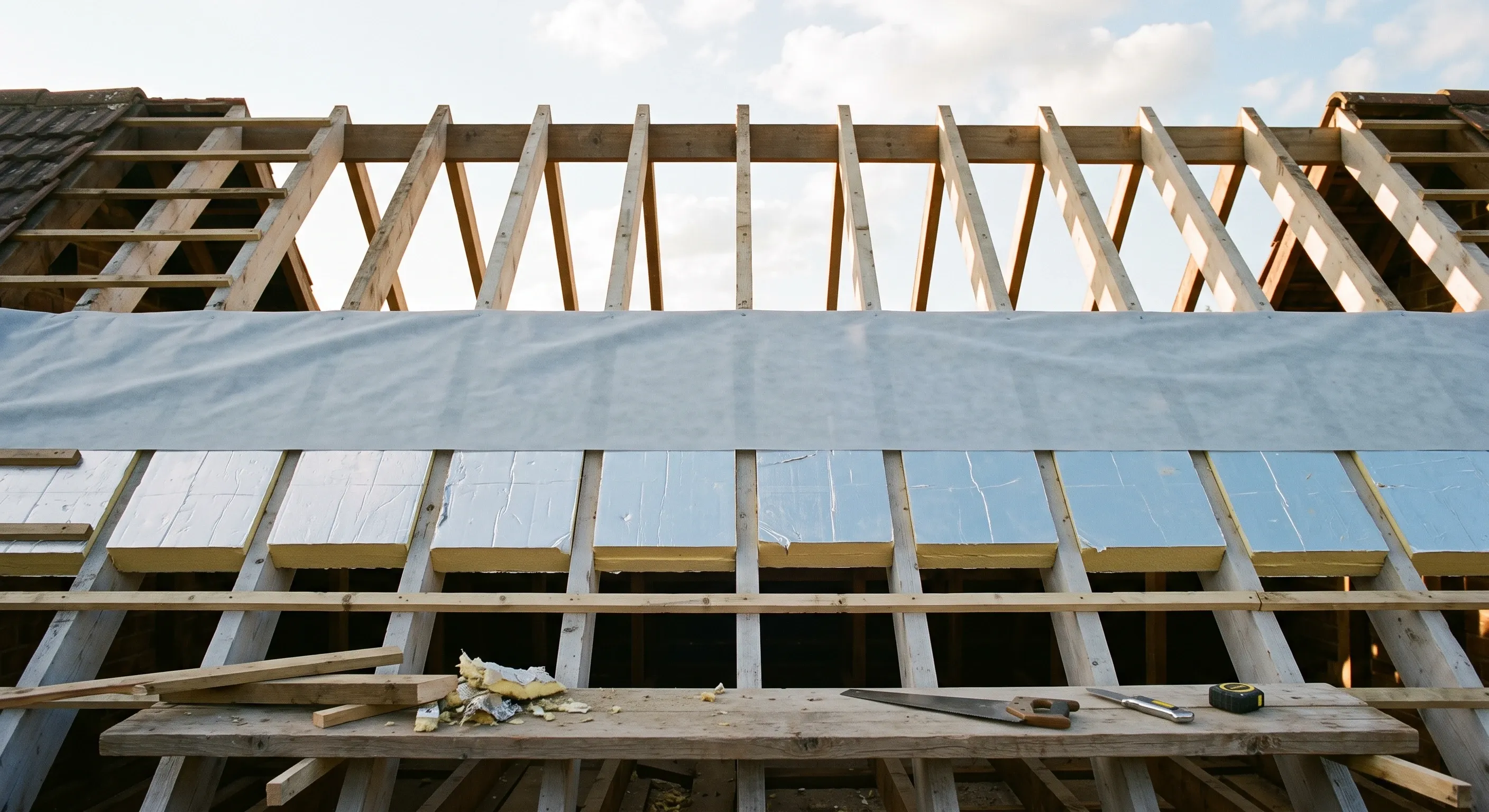 A roof stripped back to its rafters with rigid insulation boards being fitted between them.