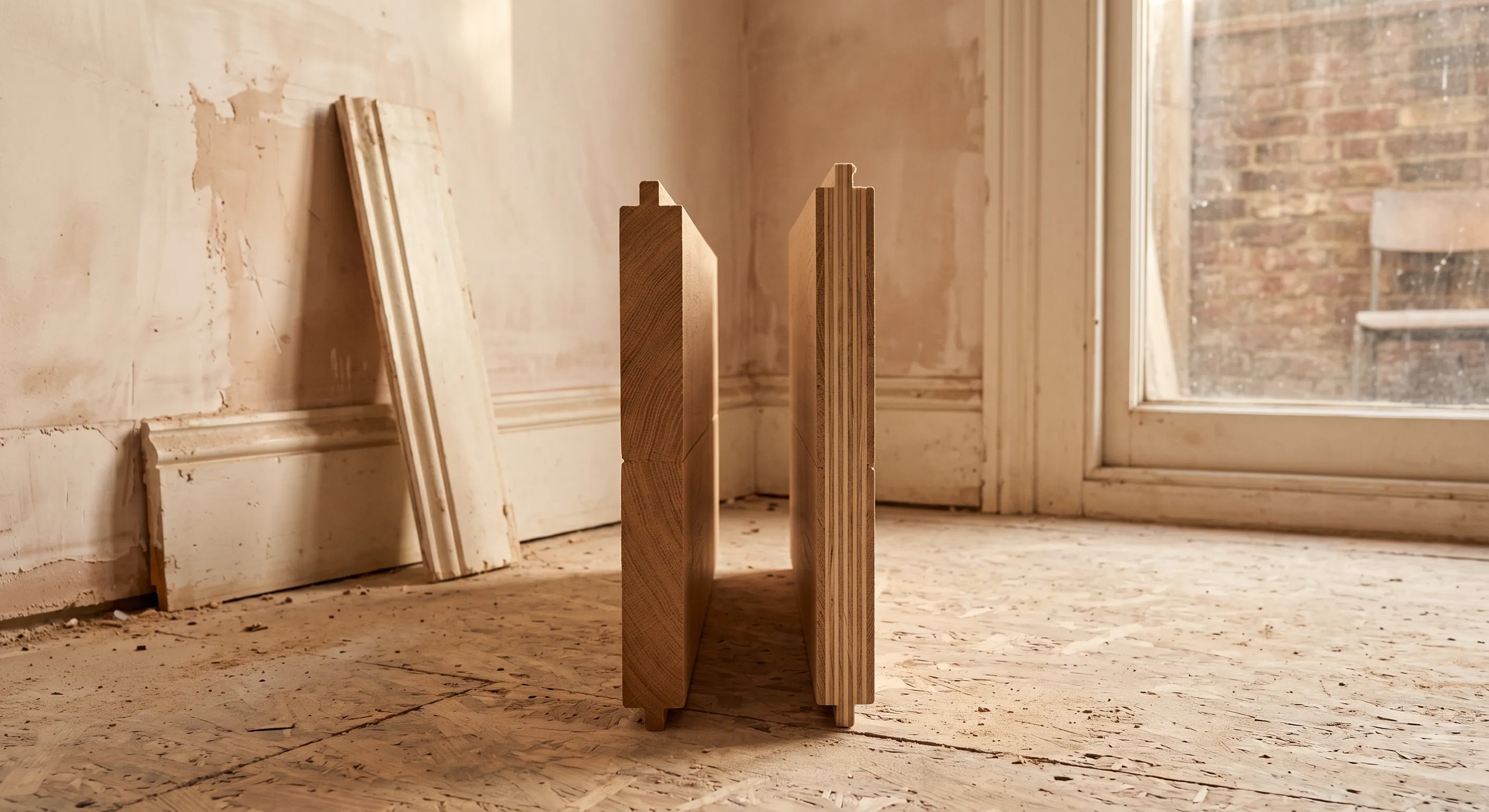 A solid oak board and an engineered oak board stood end on beside each other so the single section and the layered plies are both visible.
