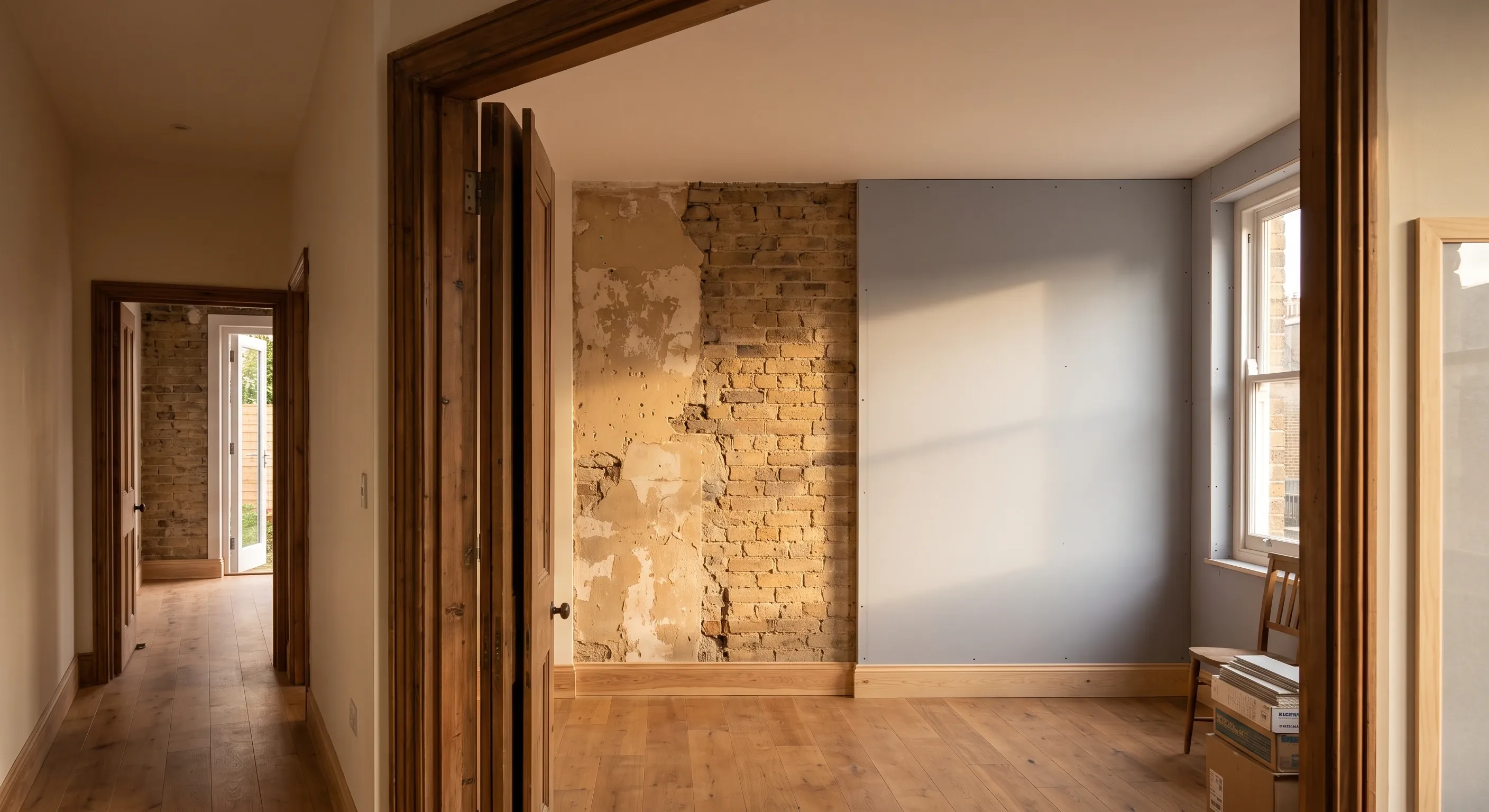 Seen through an open door, a flat's solid brick rear wall is bare on one side and newly boarded on the other, with the build up visible at the window reveal.