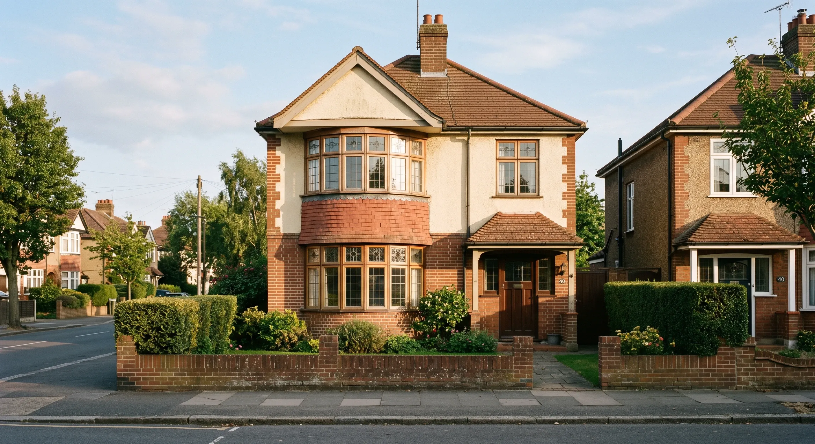A 1930s semi-detached house with a curved bay window and tiled porch.