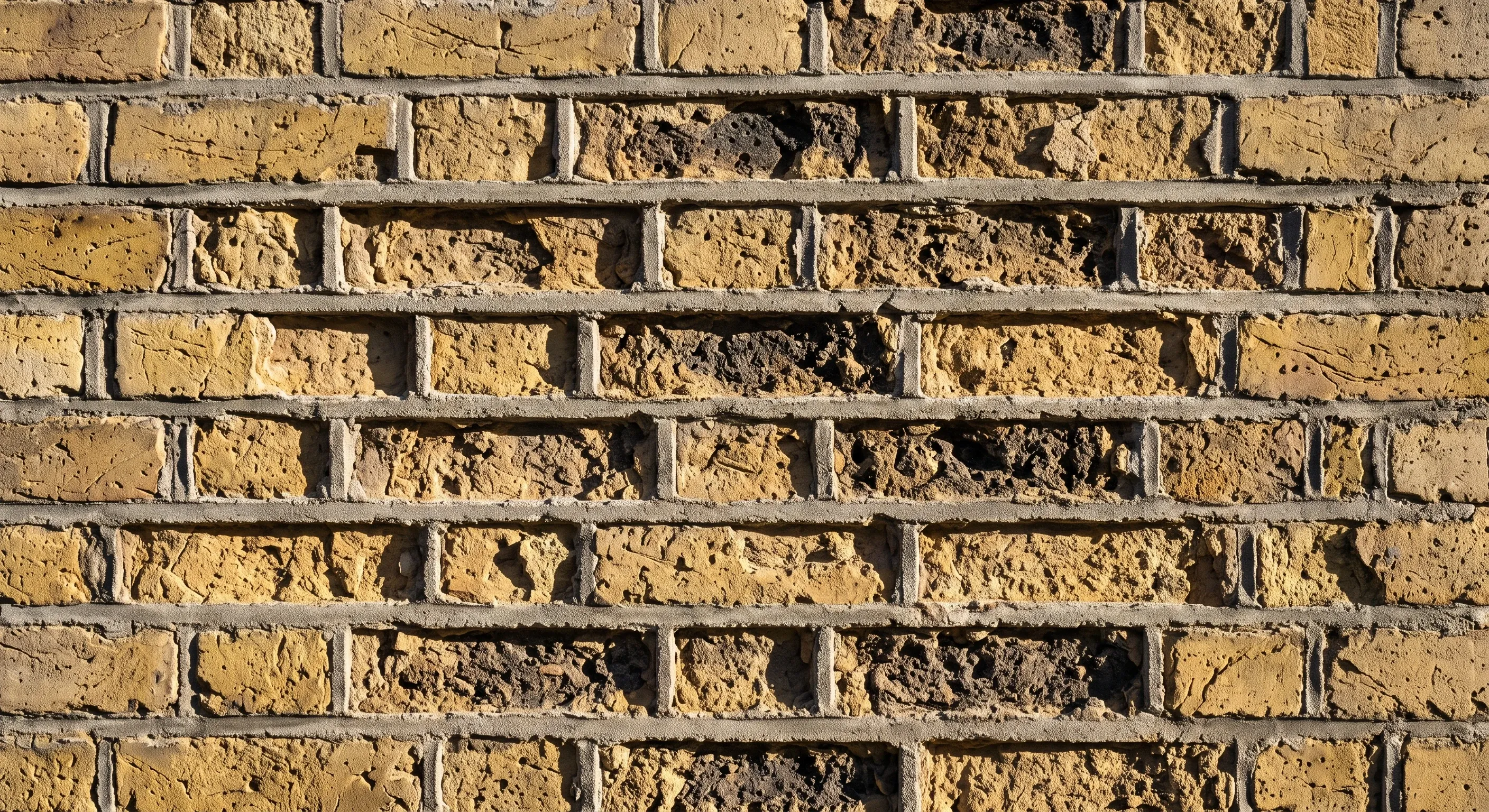 Brick faces spalled away around hard cement pointing that stands proud of the eroded brickwork.