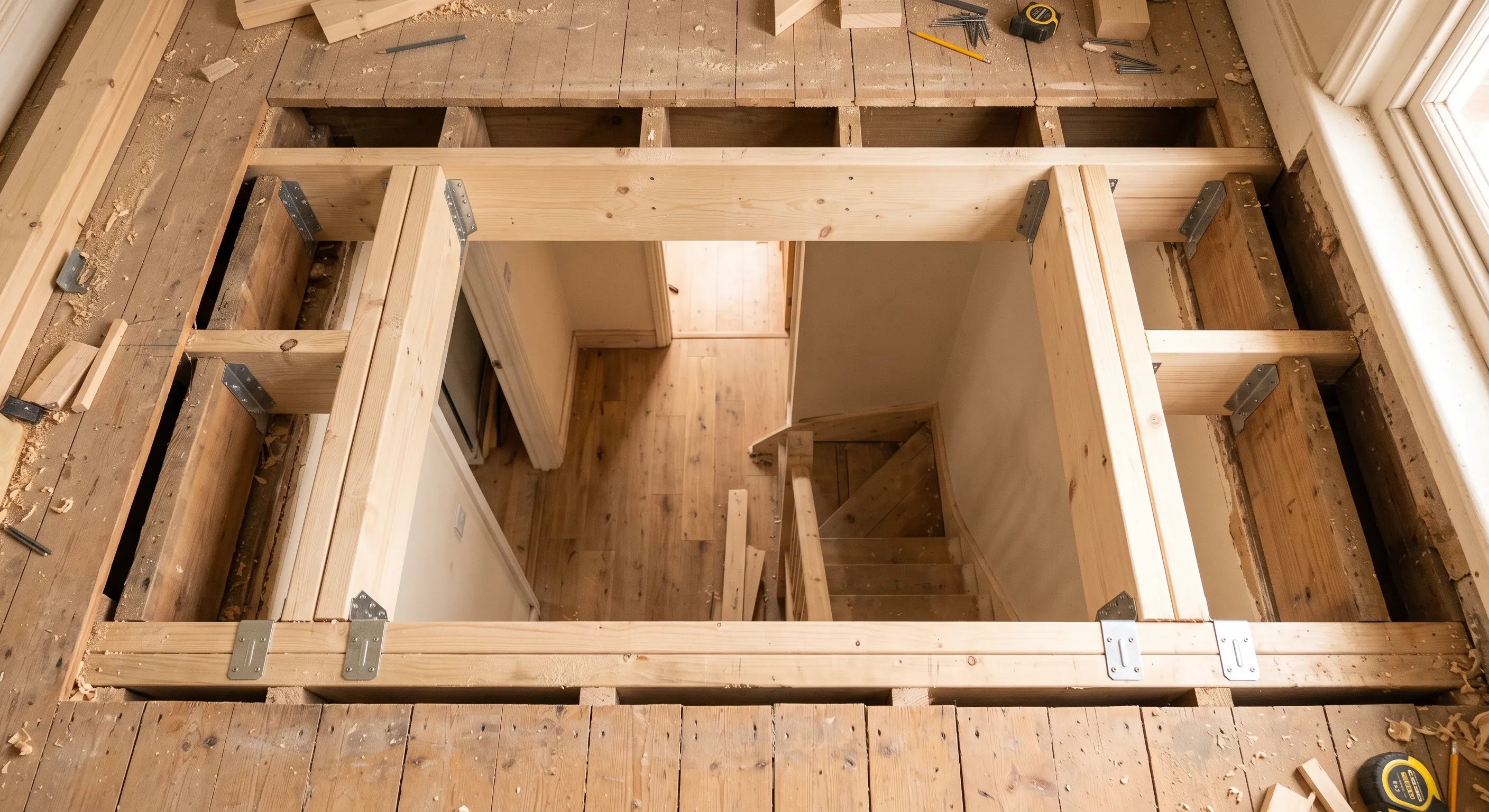 A new stair opening framed in trimmer joists, seen from the floor above with the void open below.