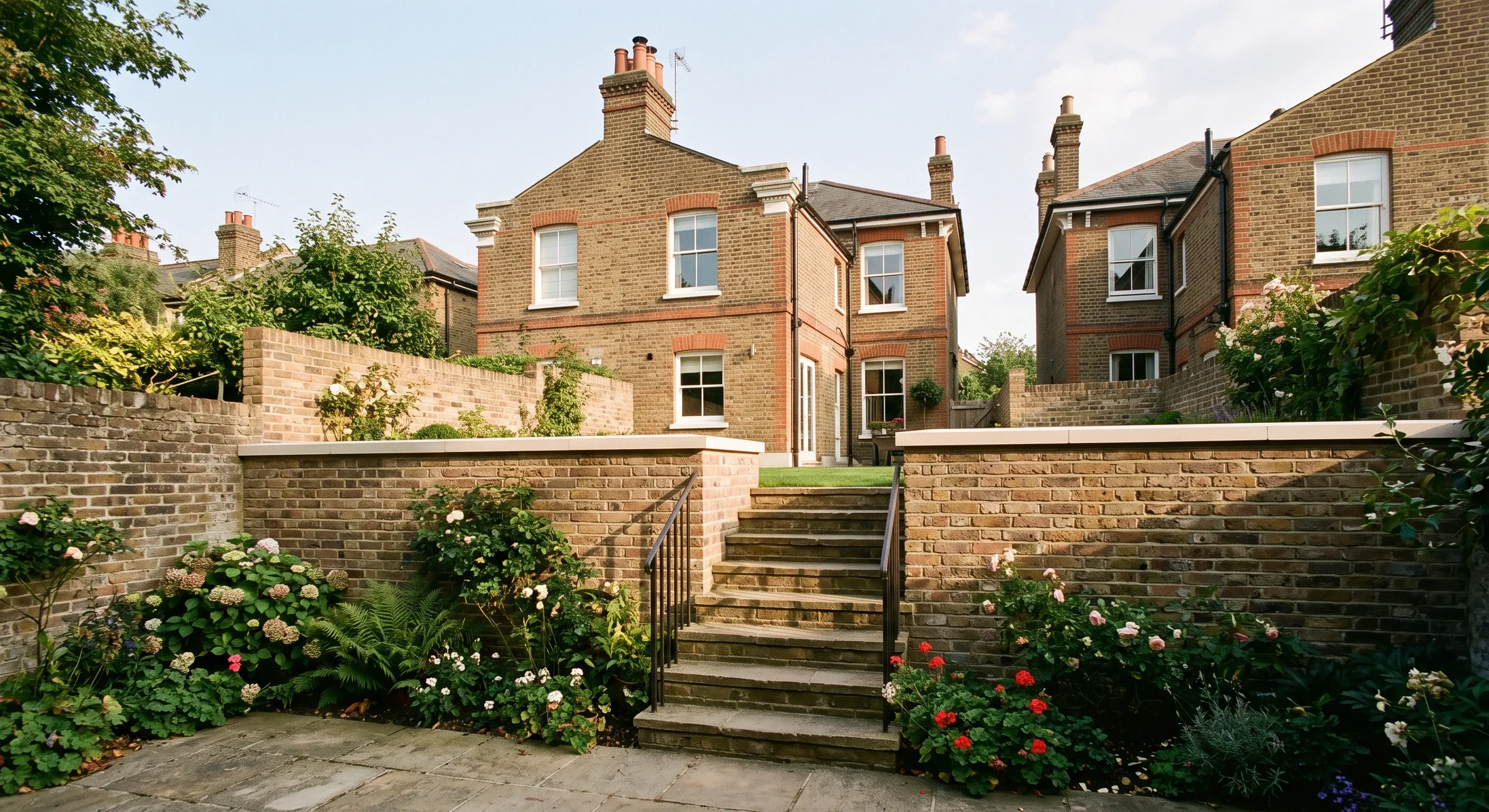 A brick retaining wall with stone coping and steps holding the change of level between two sloping London terrace gardens.