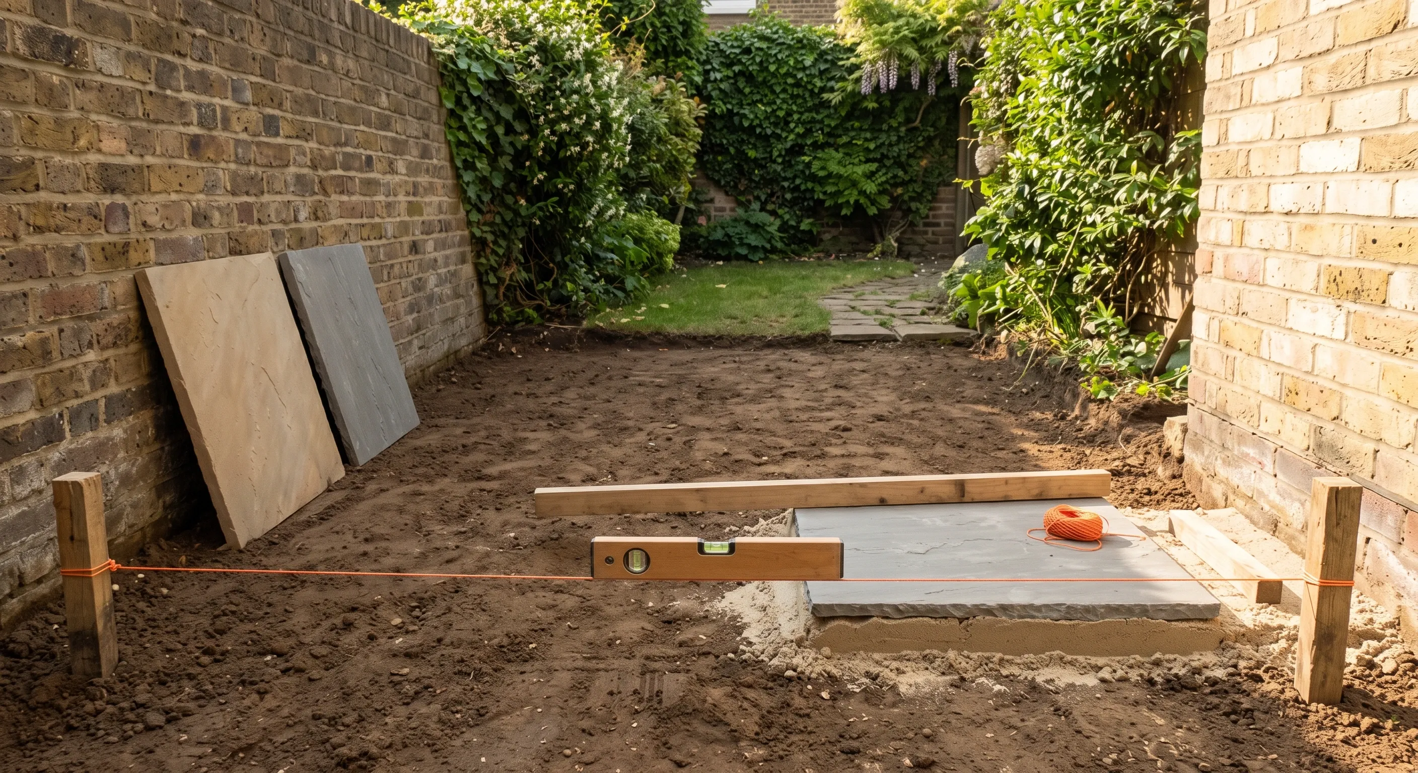 A taut string line between timber pegs, a spirit level on a straightedge and a paving sample bedded on sand in a stripped London garden.