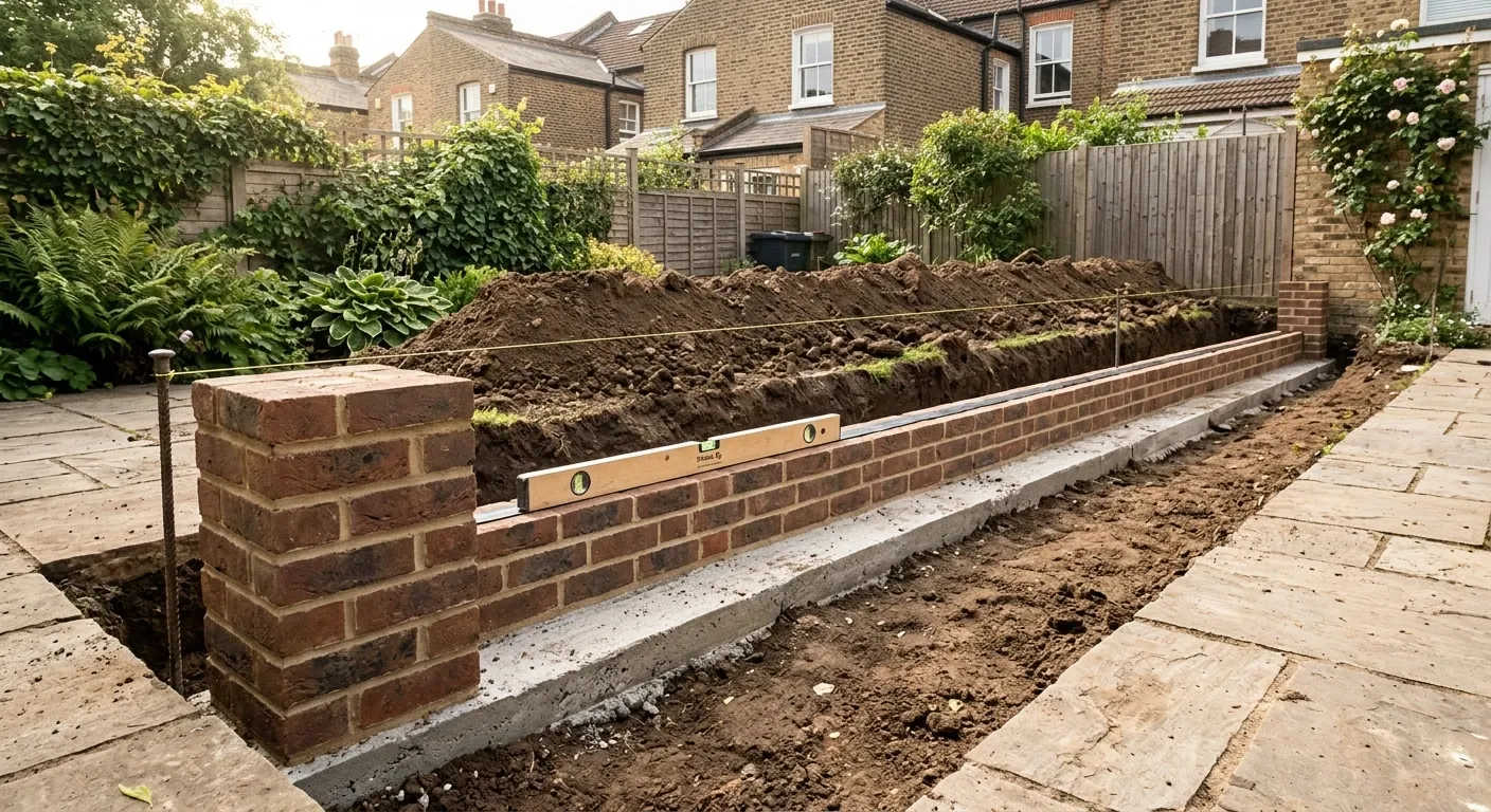An open trench with a poured concrete strip footing, the first brick courses and a damp proof course laid on top.