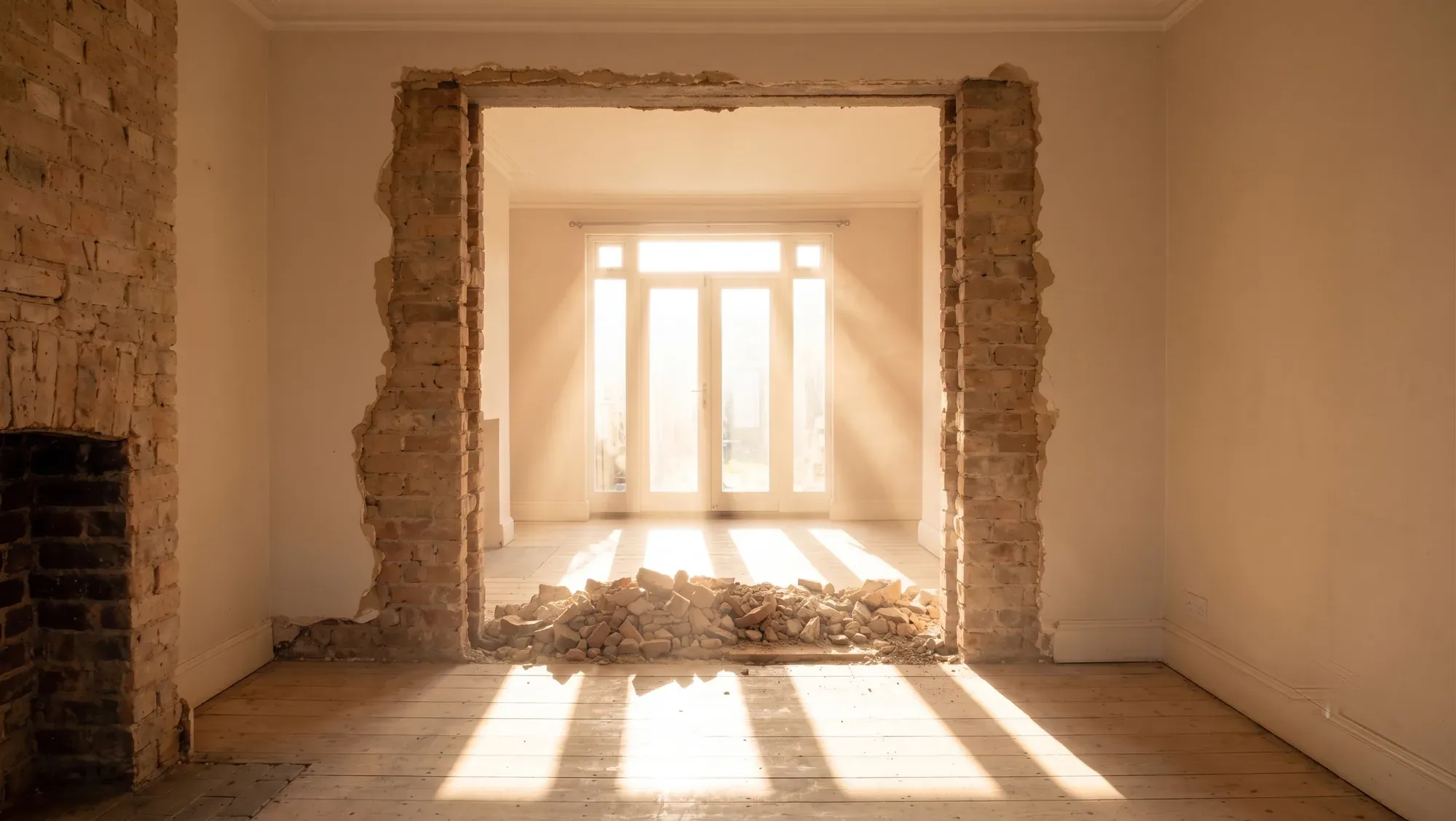 A newly formed structural opening with raw brick reveals looking through to garden doors