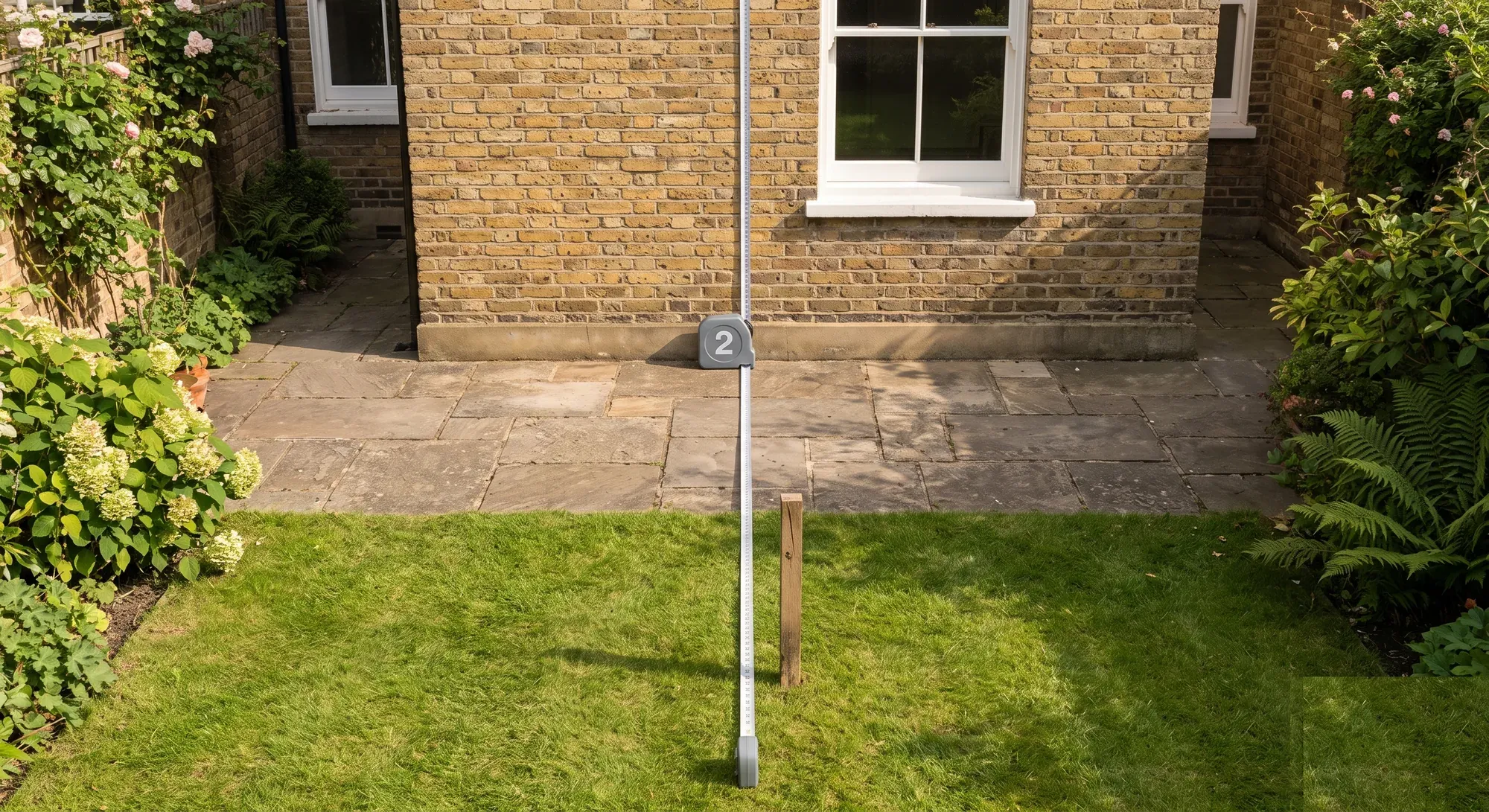 A tape measure extended across a garden from a peg on the lawn to the rear wall of a London house