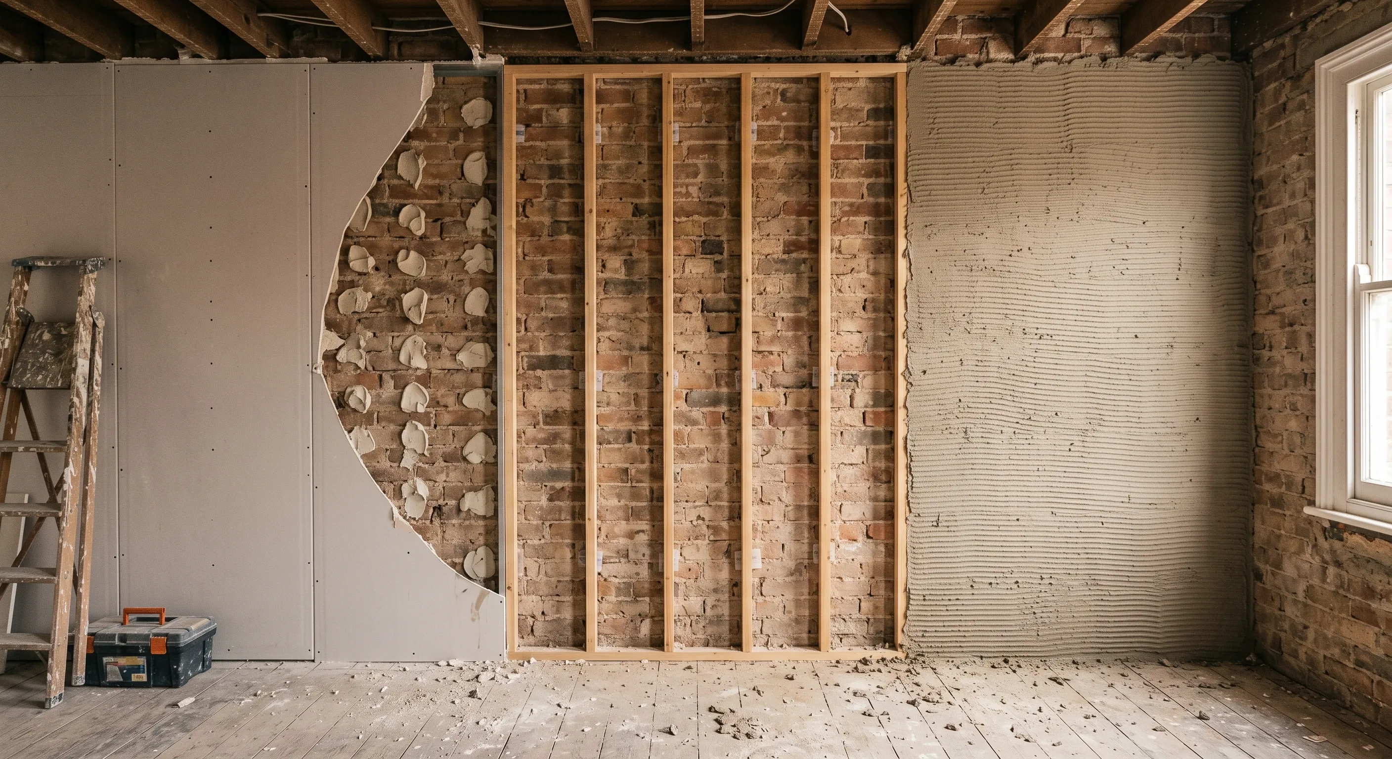 A stripped wall showing dot-and-dab board, timber battens and a floated sand-and-cement backing coat in three adjacent bays.
