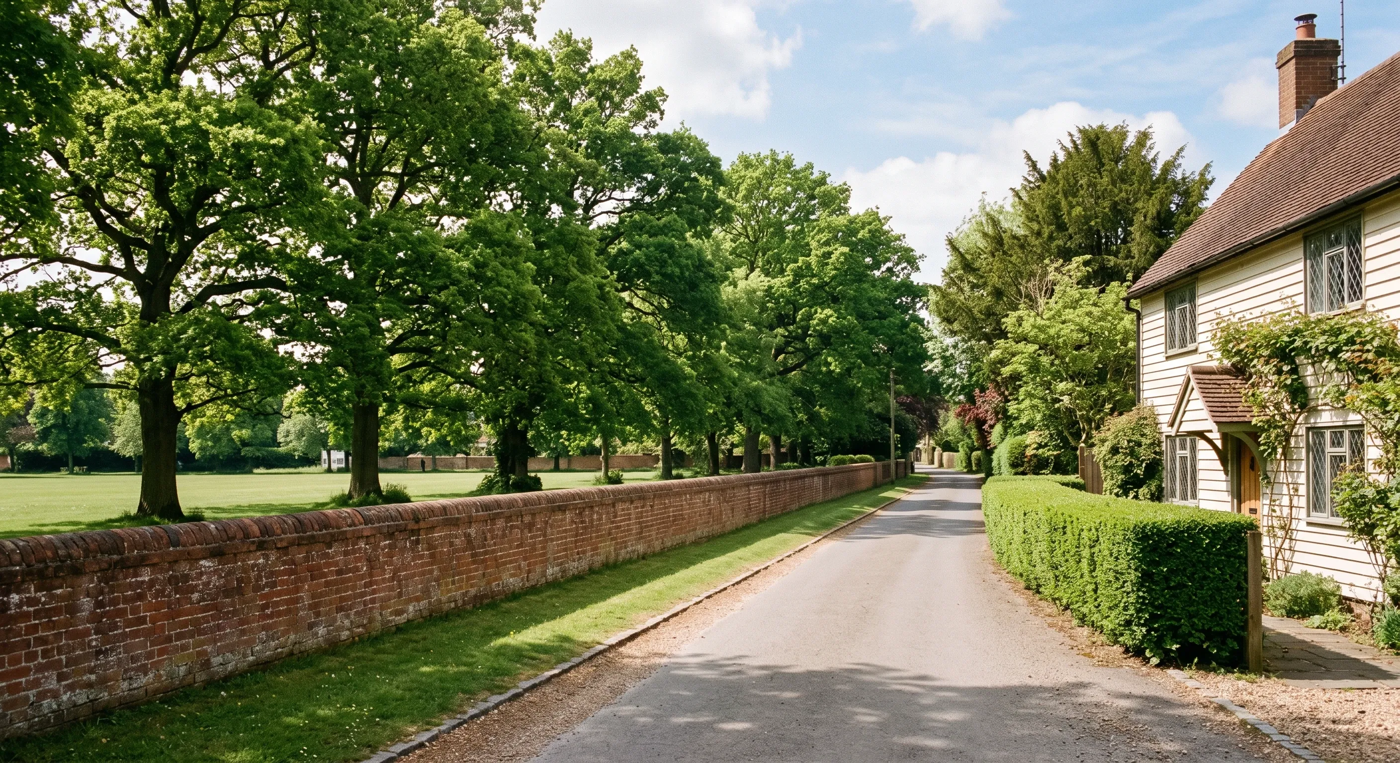 A quiet village lane beside a green with mature trees and a low brick wall.