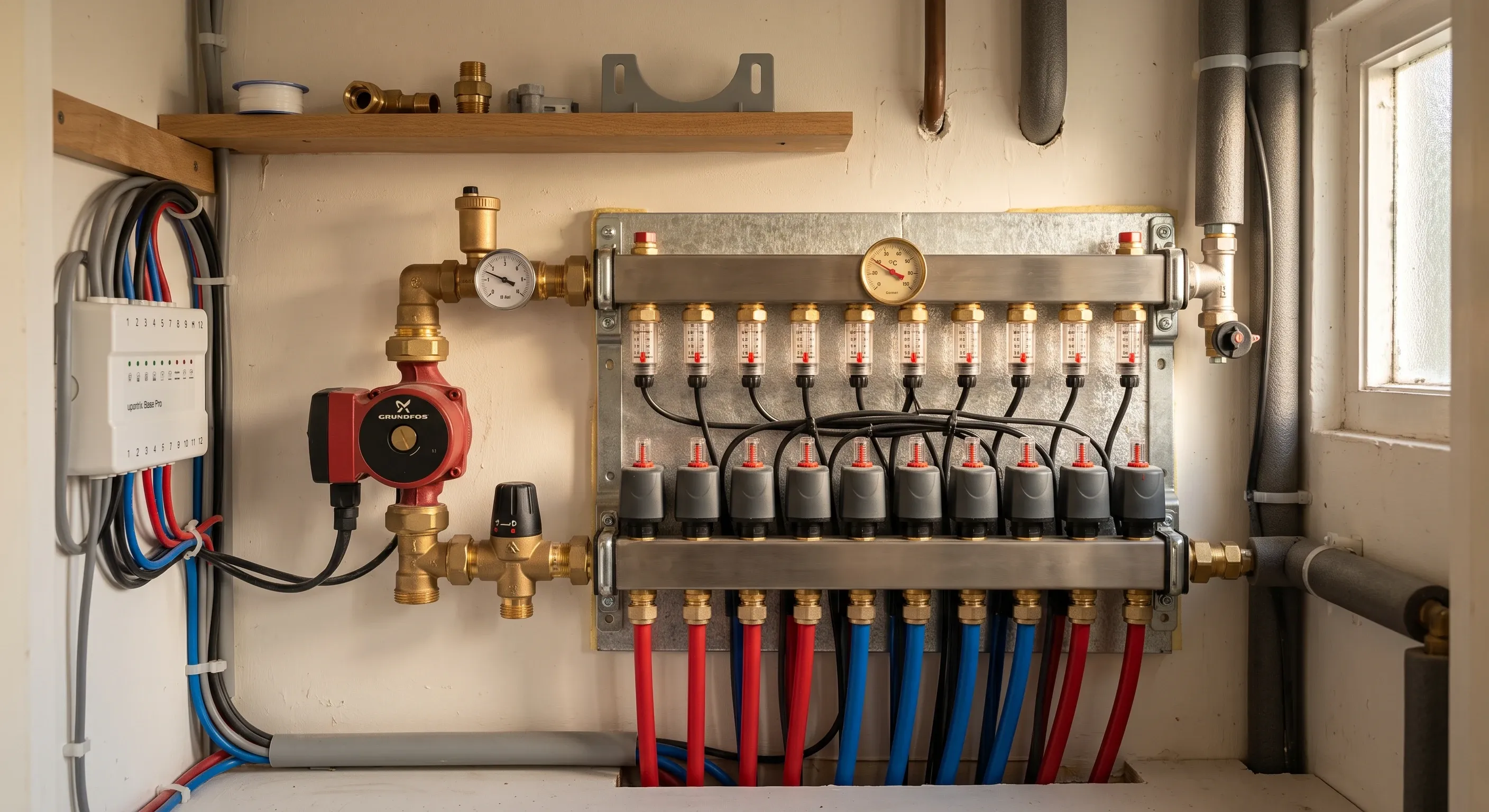 An underfloor heating manifold with its blending valve, flow meters and actuators connected to the circuit pipework.