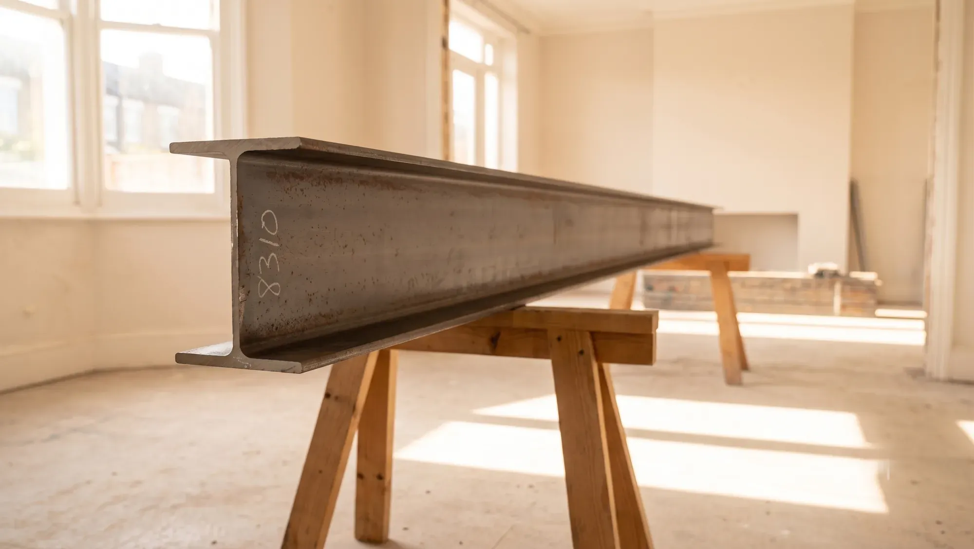 A cut length of universal steel beam resting on timber trestles in a sunlit room under renovation