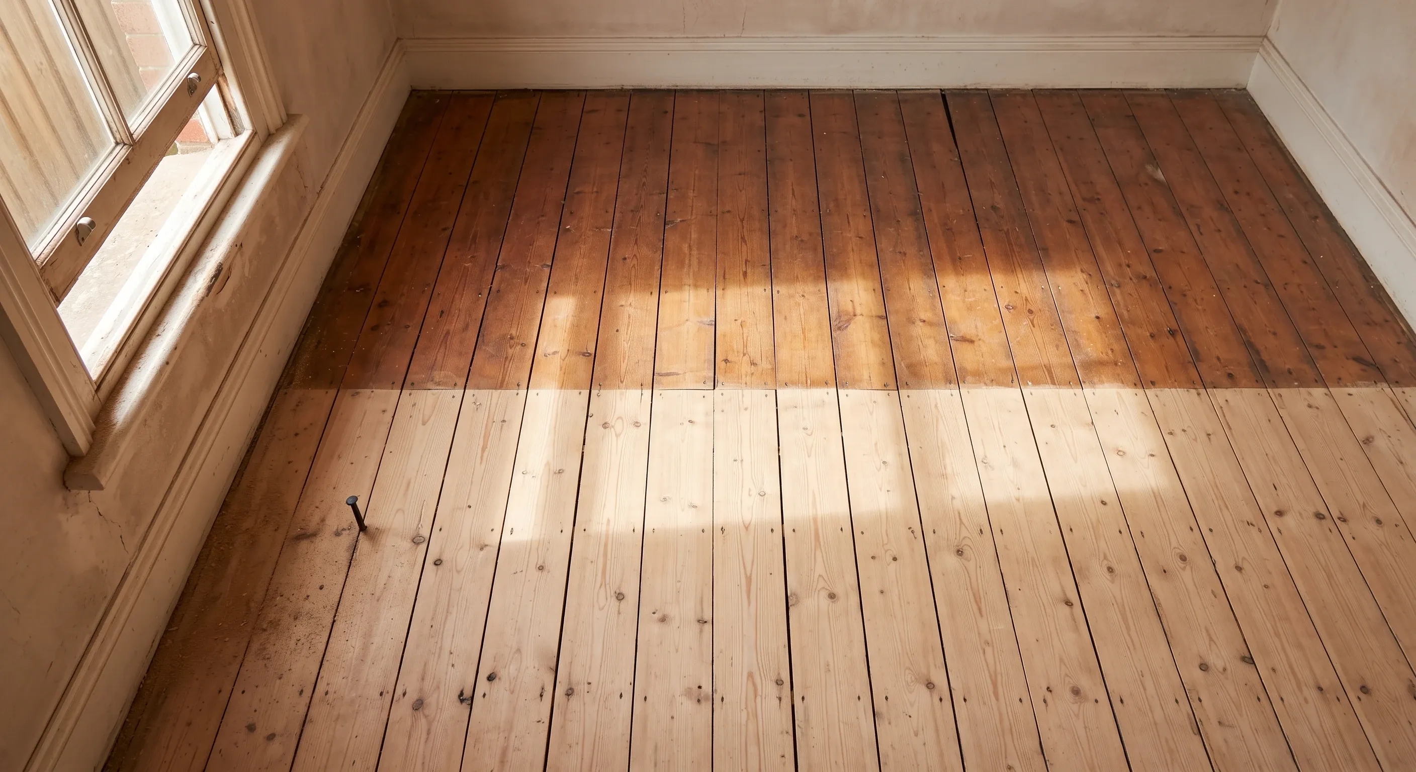 Victorian pine floorboards half sanded back to bare timber, with open gaps between the boards and old nail heads showing.