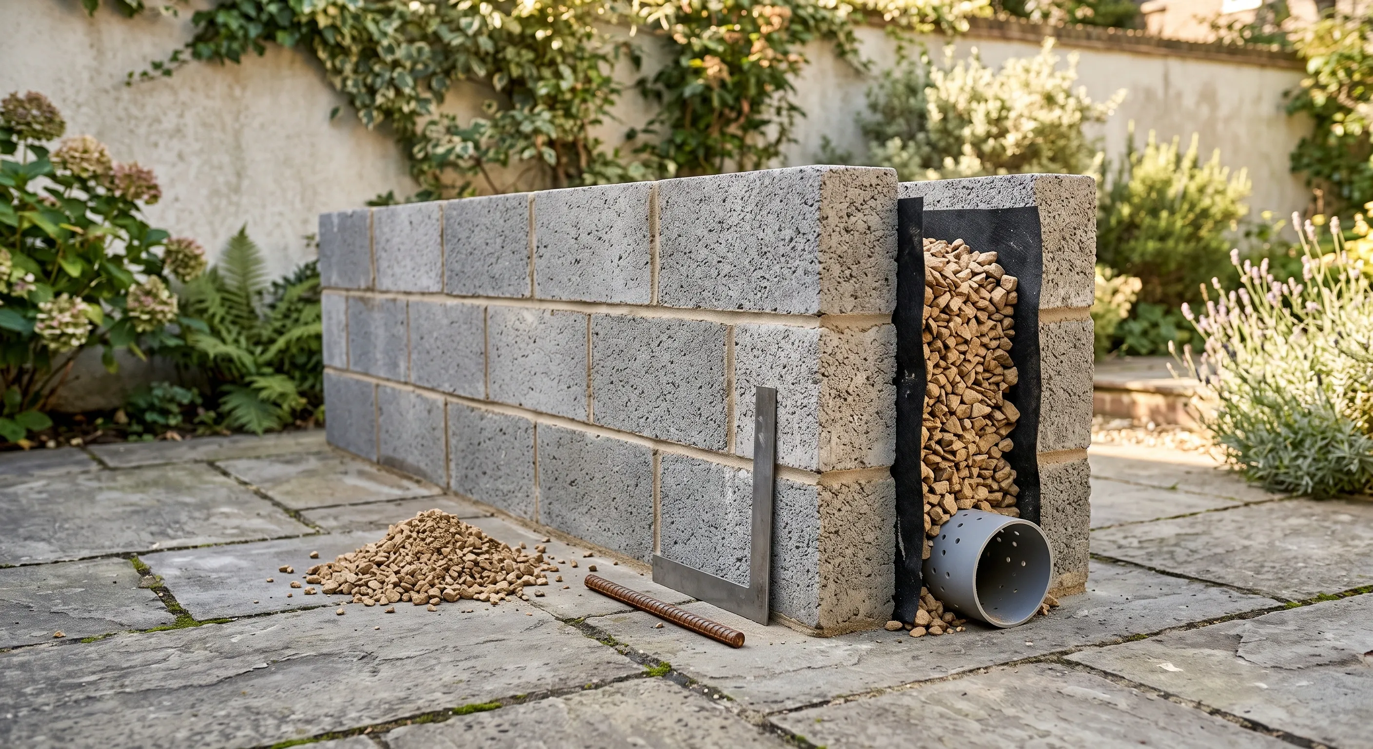 A cutaway retaining wall sample on paving showing block face, geotextile, granular backfill and a perforated drain stub, with a rebar offcut and set square beside it.
